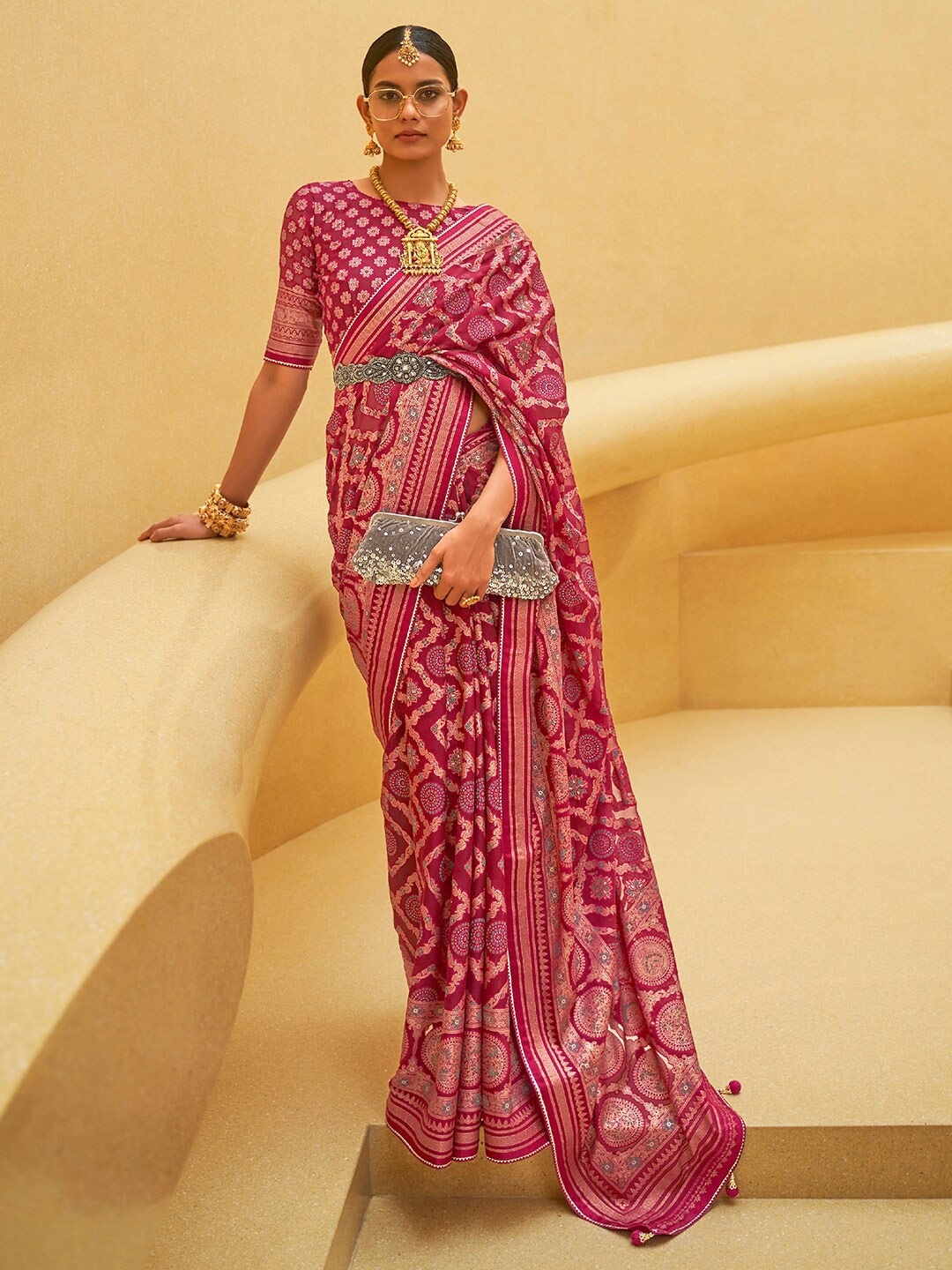 

Anouk Ethnic Motifs Woven Design Gotta Patti Organza Banarasi Saree, Pink