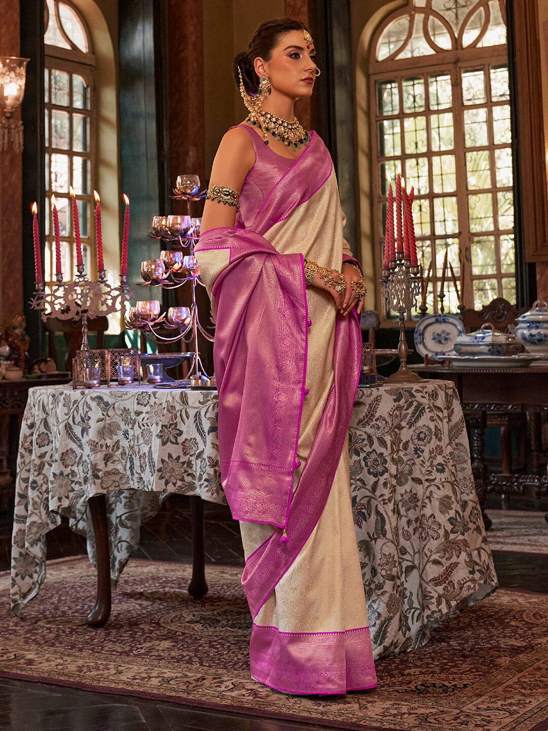 

Anouk Woven Design Zari Kanjeevaram Saree, Cream