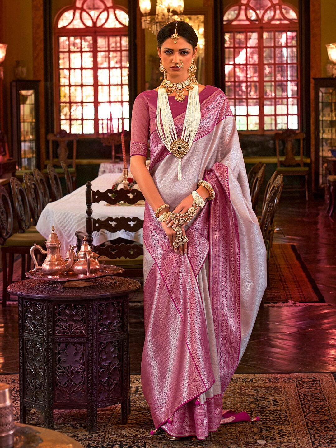 

Anouk Ethnic Motifs Woven Design Zari Silk Blend Kanjeevaram Saree, Cream