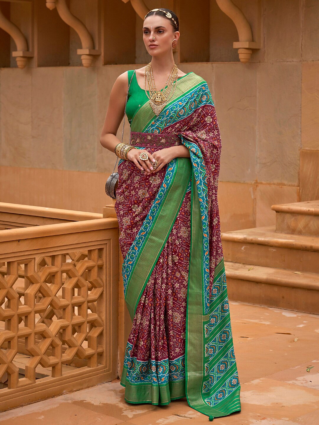 

Anouk Ethnic Motifs Woven Design Zari Silk Blend Pochampally Saree, Burgundy