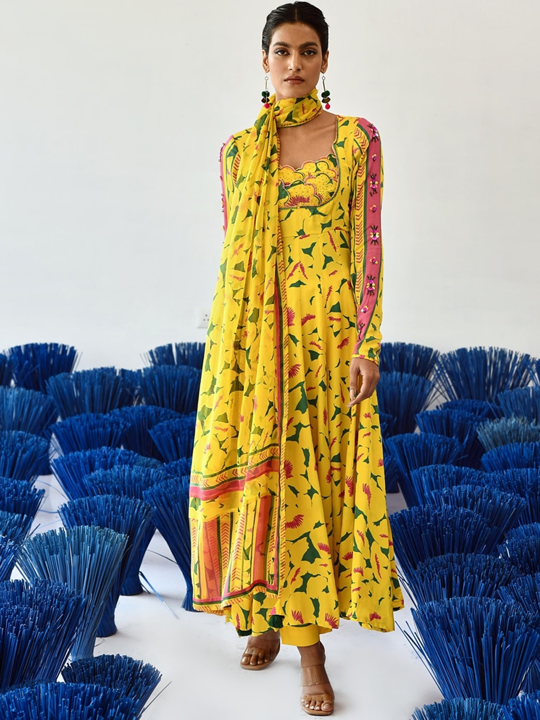 

Baise Gaba Women Abstract Printed Long Sleeves A-Line Kurta With Dupatta, Yellow