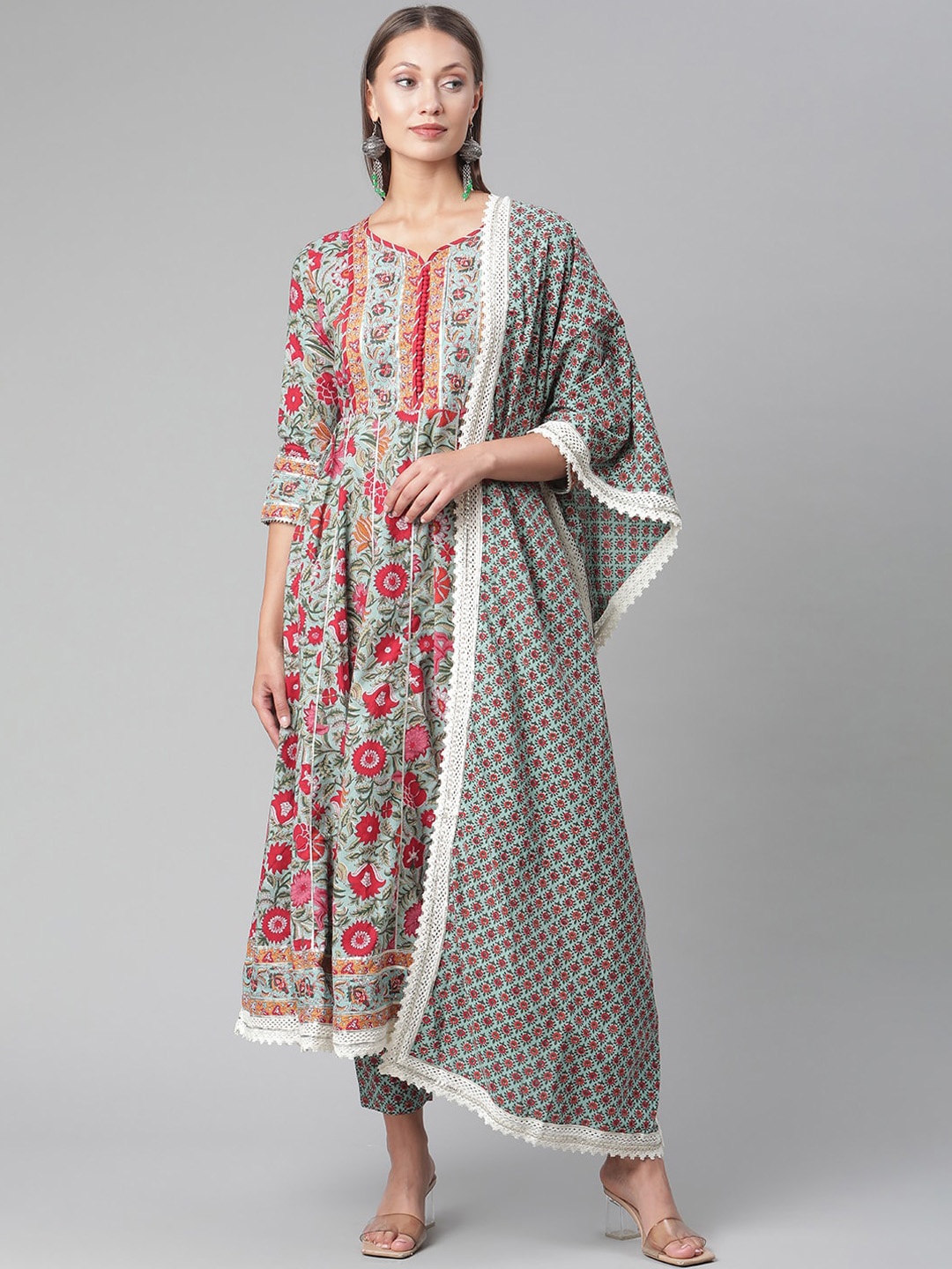 

Divena Plus Size Floral Printed Gotta Patti Pure Cotton Kurta with Trousers & With Dupatta, Sea green