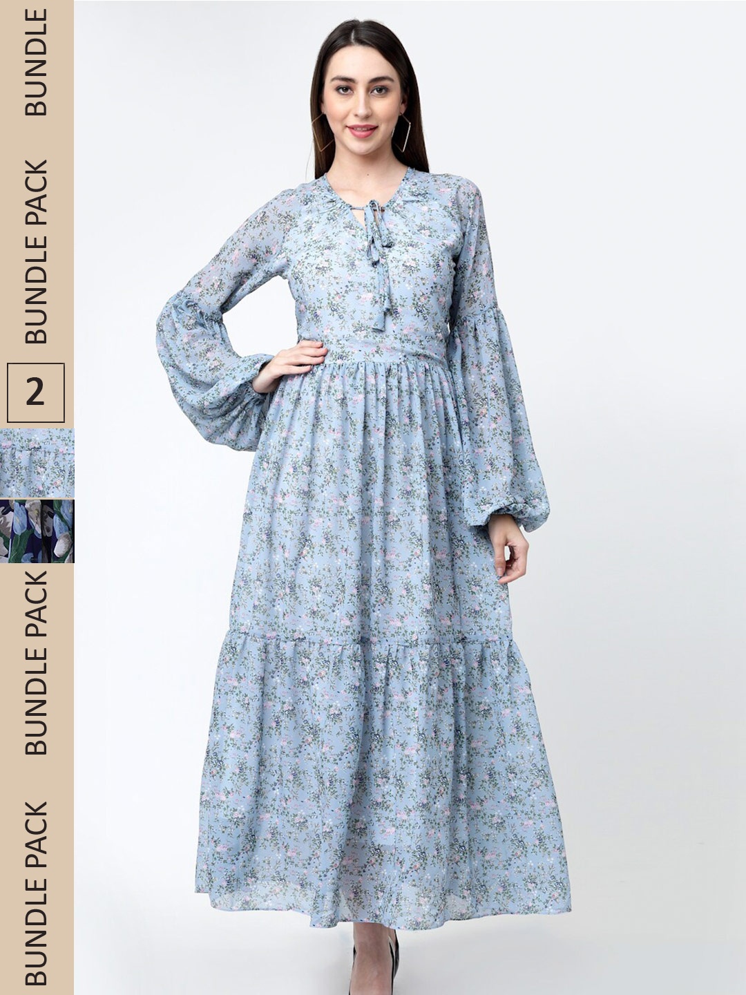 

MISS AYSE Pack Of 2 Floral Printed Tie-Up Neck Georgette Maxi Dress, Blue