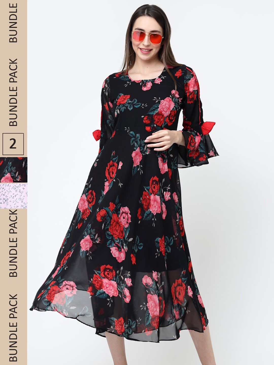 

MISS AYSE Pack Of 2 Floral Georgette Midi Dress, Black