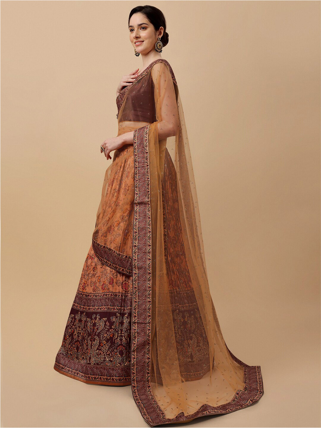 

SAPTRANGI Printed Kalamkari Ready to Wear Lehenga & Blouse With Dupatta, Brown