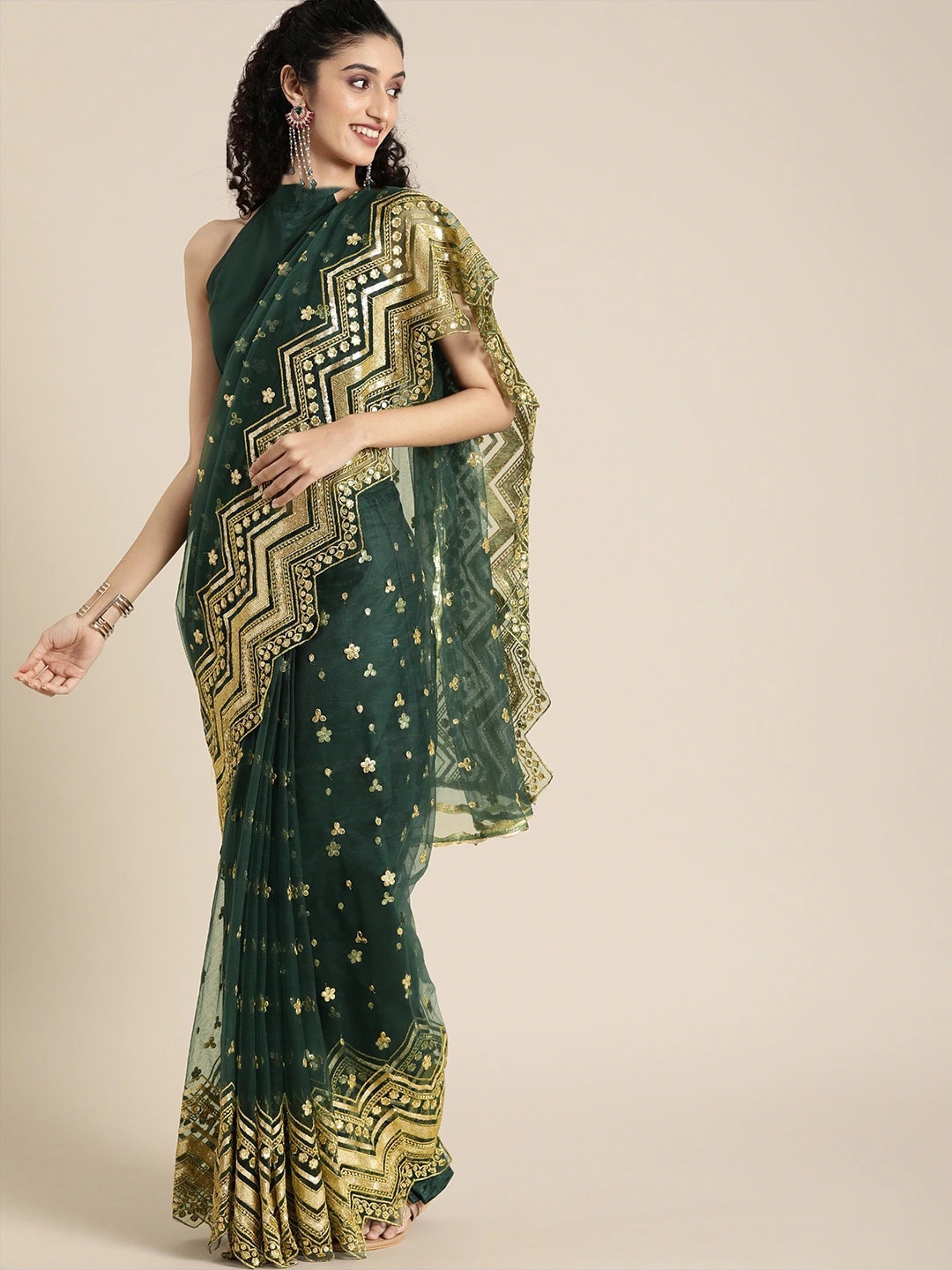 

Ethnic Yard Embellished Sequinned Saree, Green