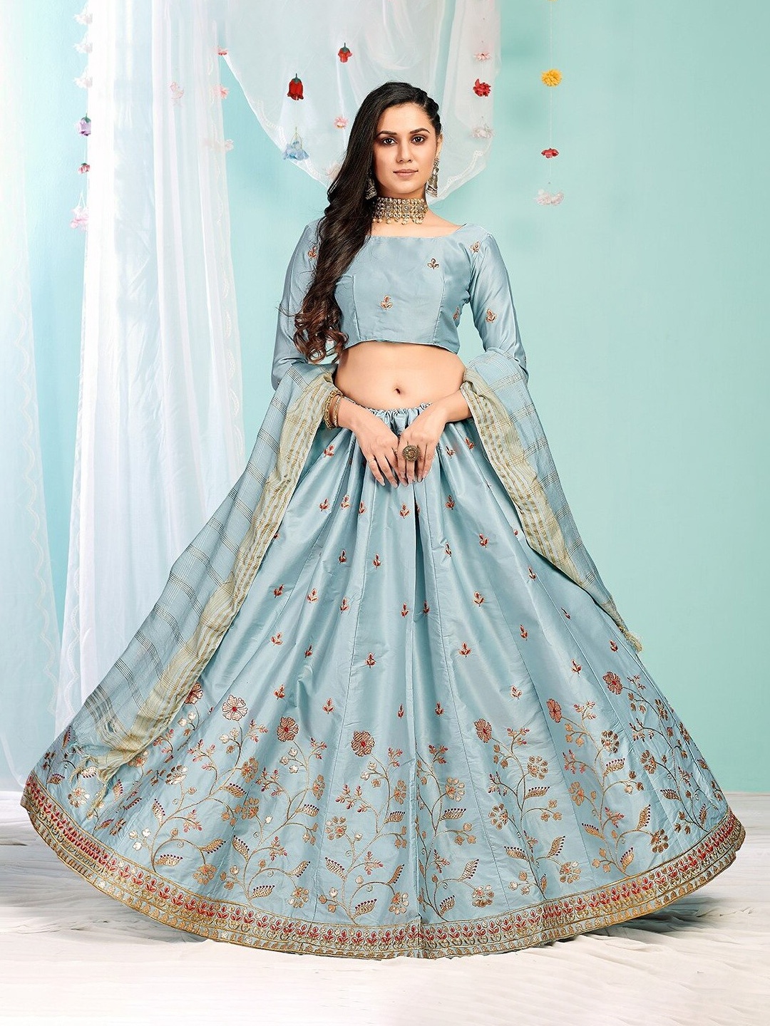 

Ethnic Yard Embroidered Semi-Stitched Lehenga & Unstitched Blouse With Dupatta, Blue