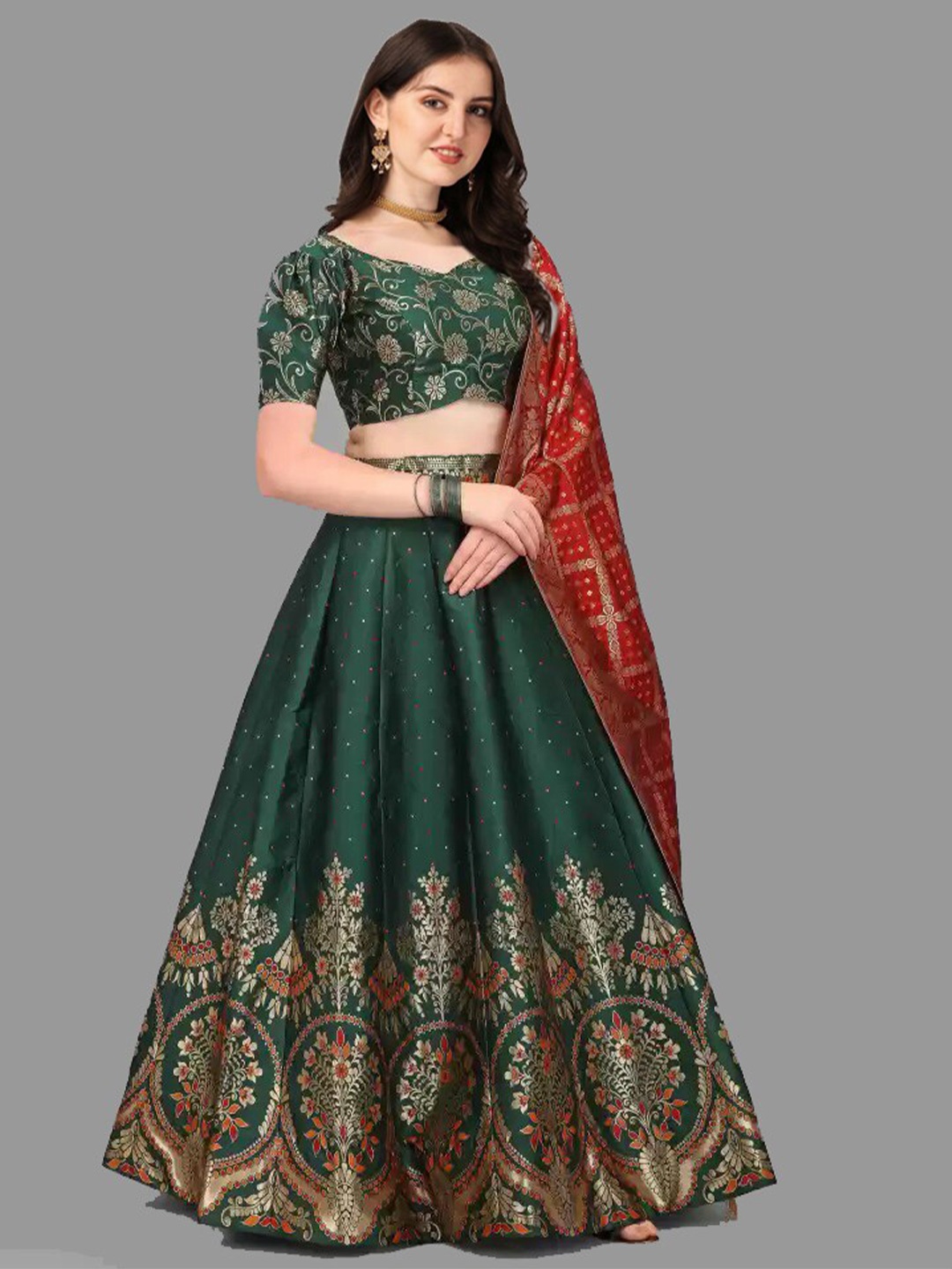 

Ethnic Yard Semi-Stitched Lehenga & Unstitched Blouse With Dupatta, Green