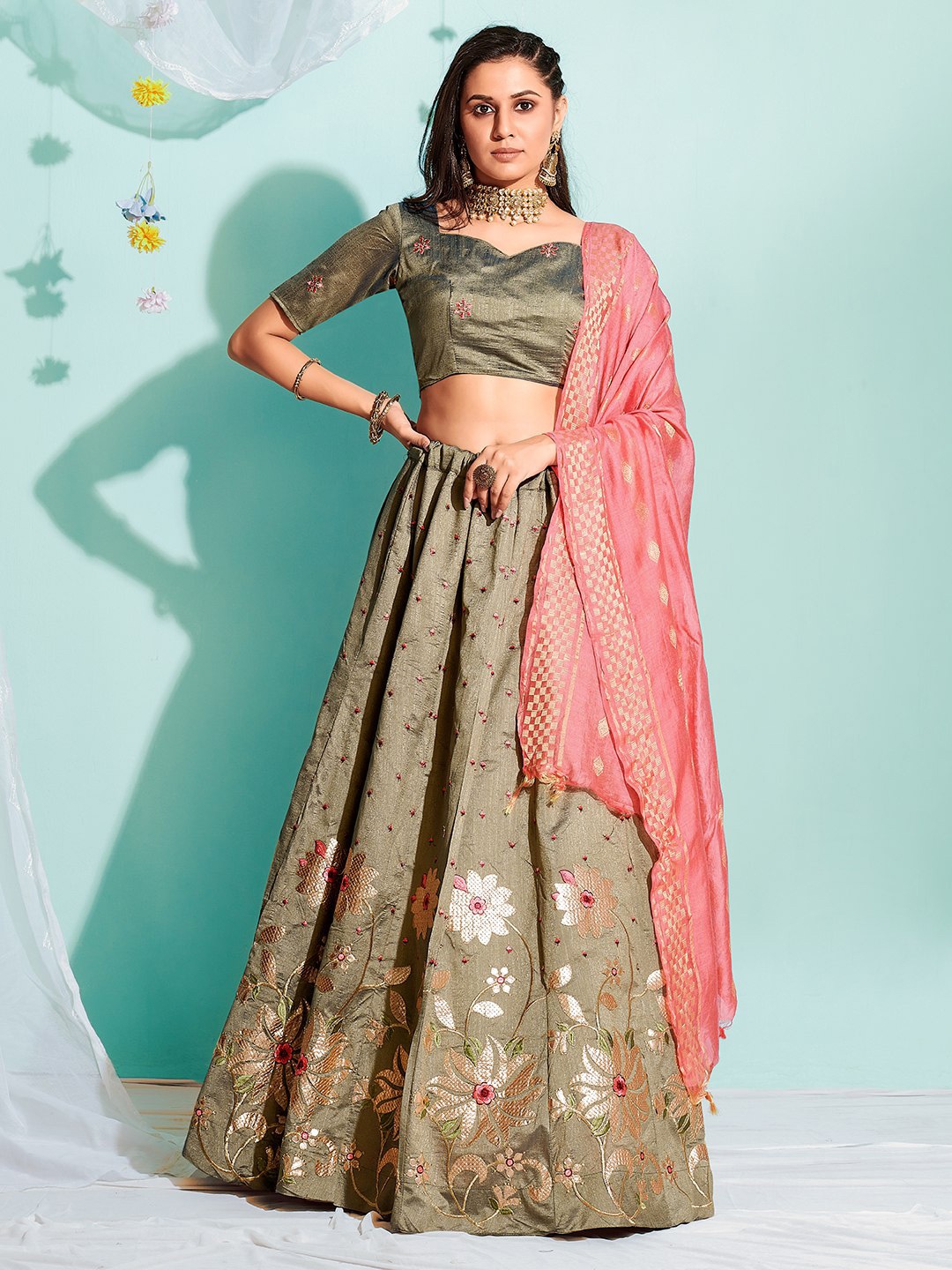 

Ethnic Yard Embroidered Semi-Stitched Lehenga & Unstitched Blouse With Dupatta, Green