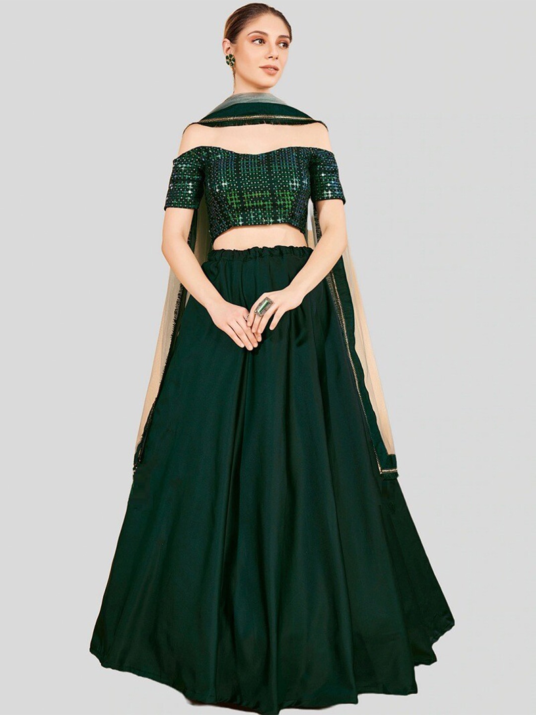 

Ethnic Yard Semi-Stitched Lehenga & Unstitched Blouse With Dupatta, Green