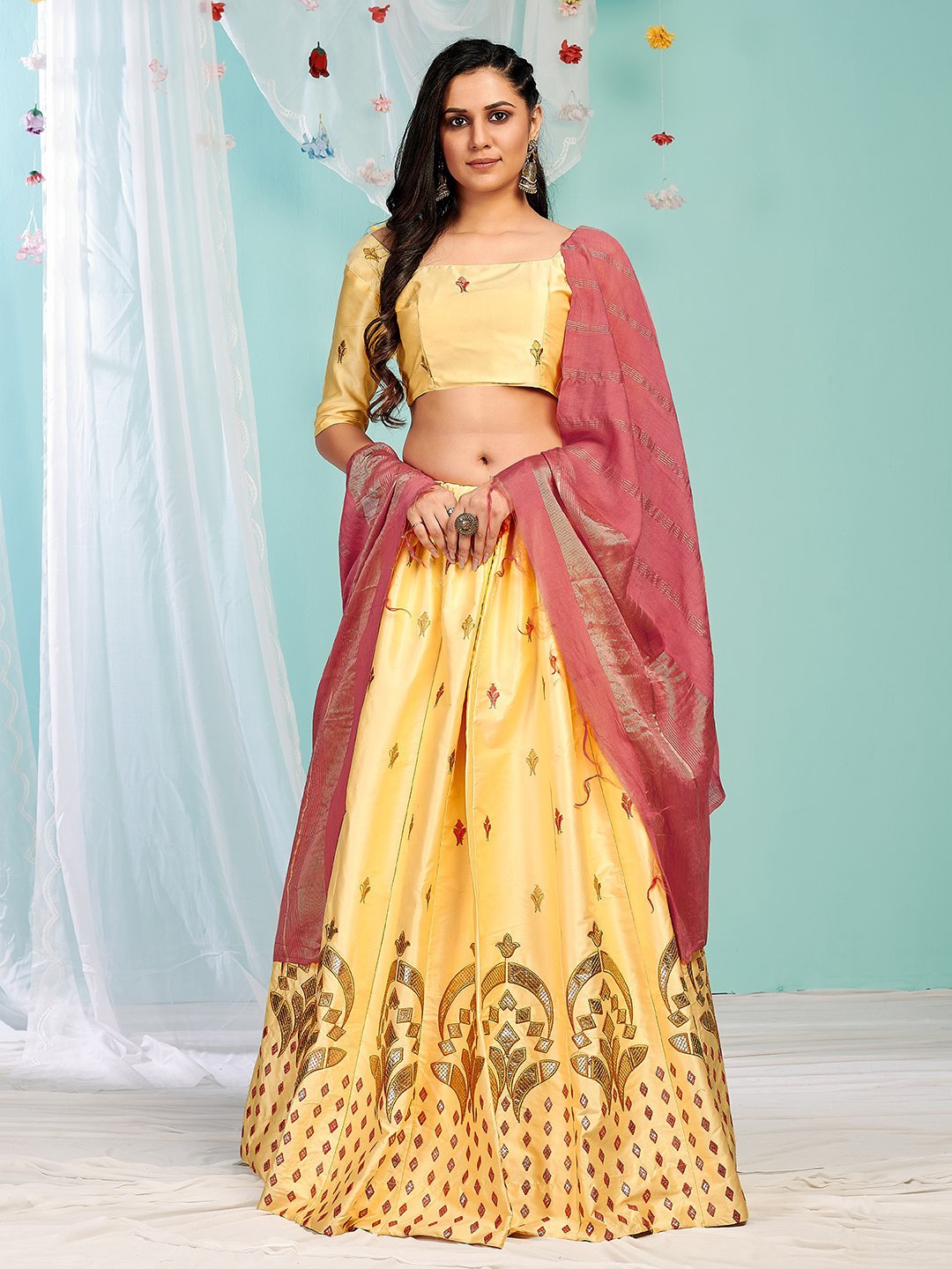 

Ethnic Yard Embroidered Semi-Stitched Lehenga & Unstitched Blouse With Dupatta, Yellow