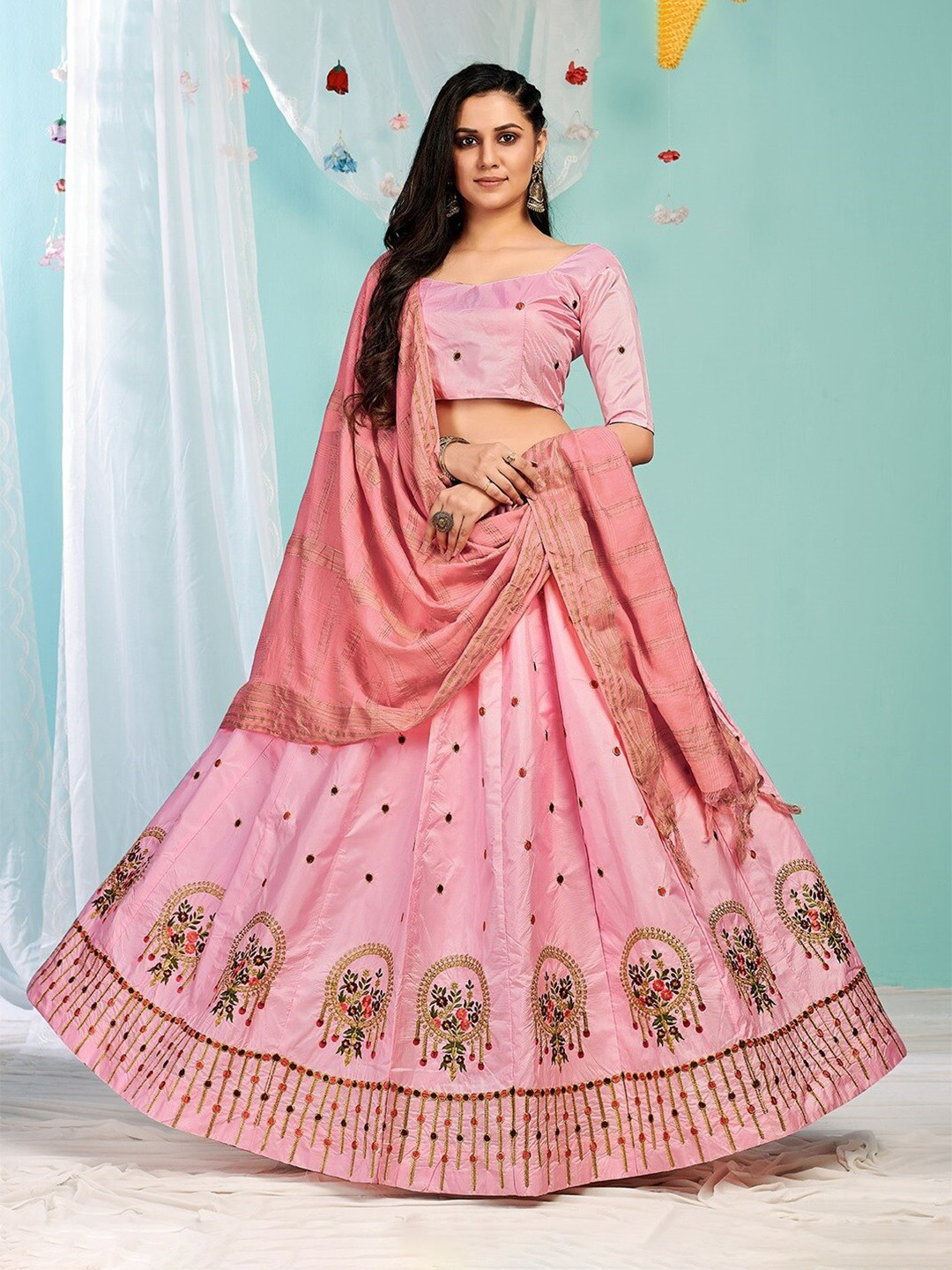 

Ethnic Yard Embroidered Silk Semi-Stitched Lehenga & Unstitched Blouse With Dupatta, Pink