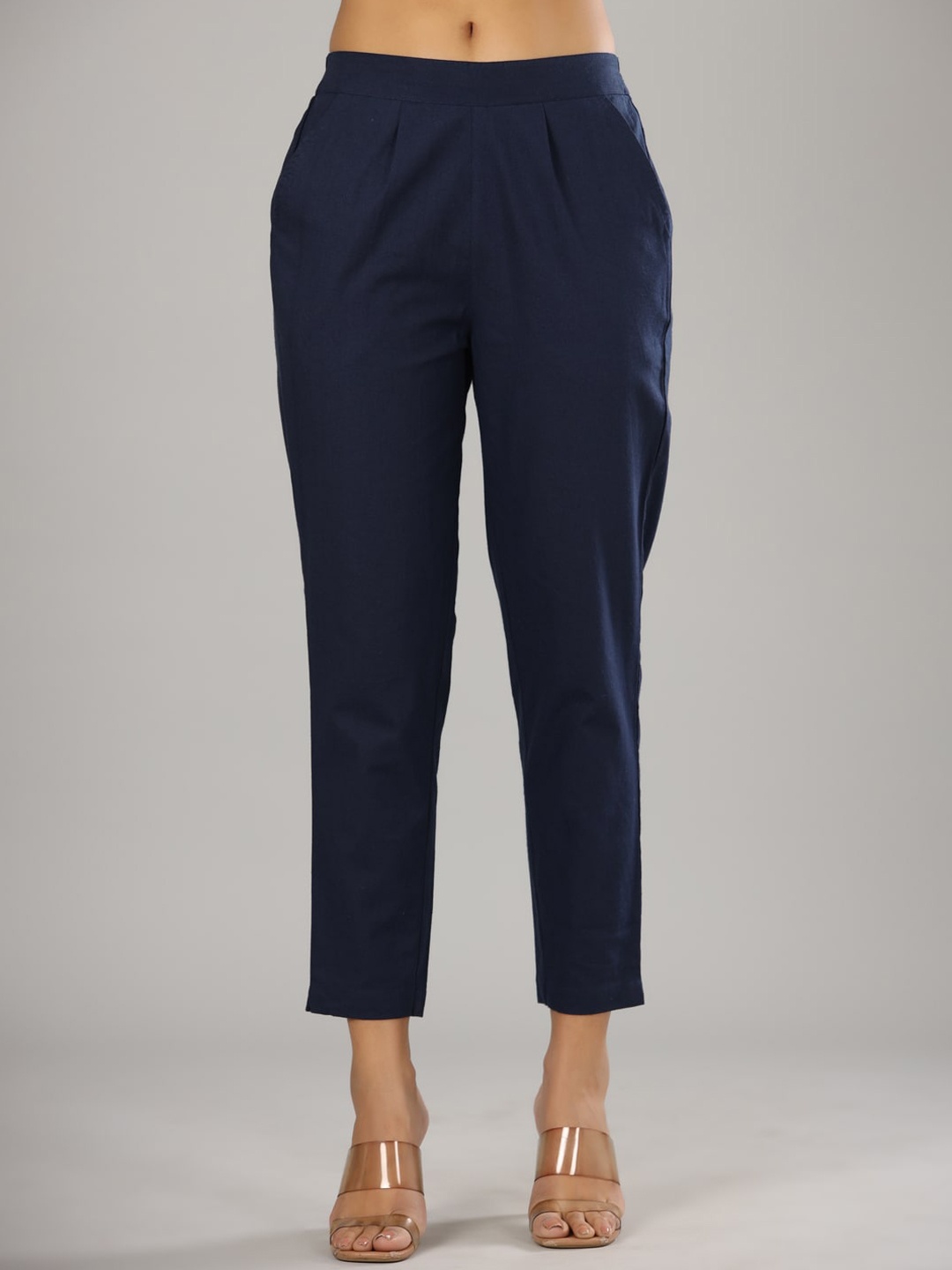 

Rain & Rainbow Women Pure Cotton Pleated Cigarette Trousers, Blue