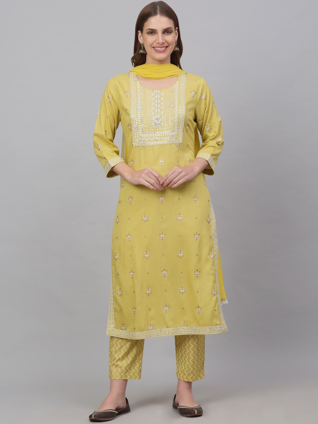

Assamica Women Floral Printed Sequinned Kurta With Trousers & Dupatta, Mustard