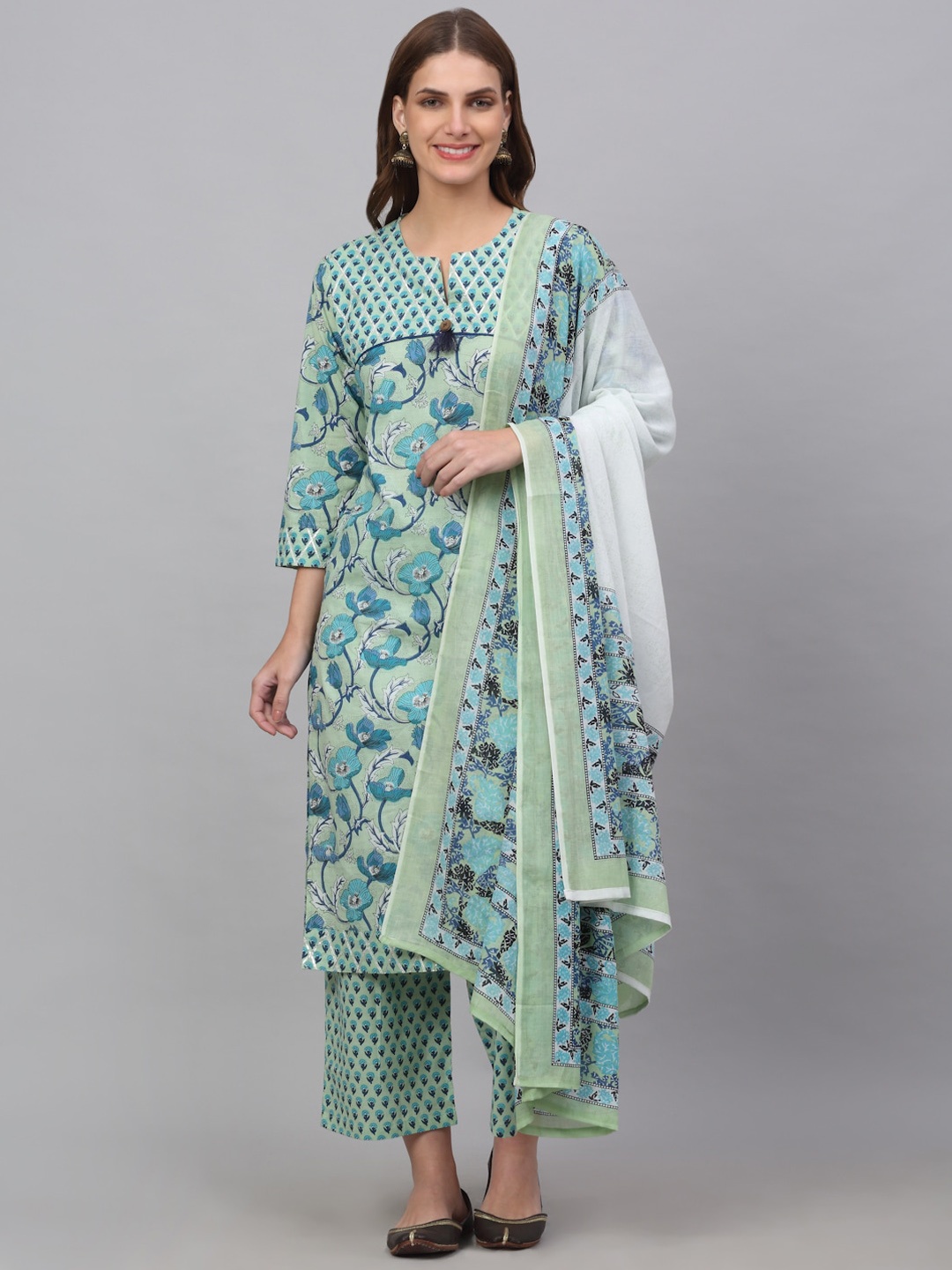 

Assamica Women Floral Printed Notched Pure Cotton Kurta with Palazzos & Dupatta, Sea green