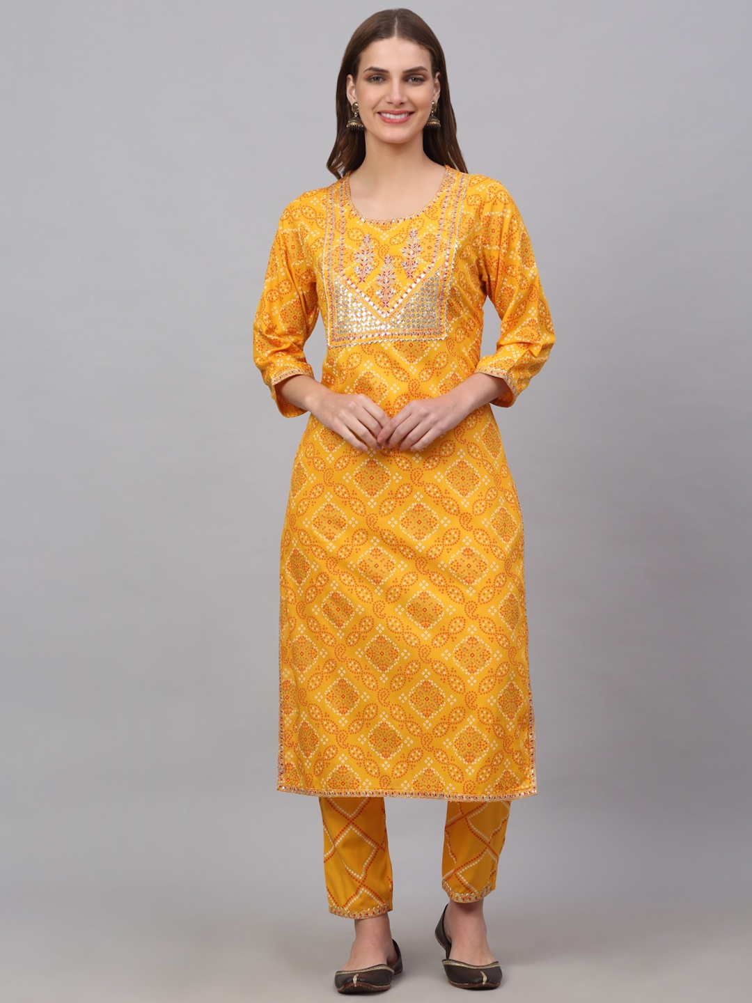 

Assamica Women Bandhani Printed Sequinned Kurta With Trousers, Mustard