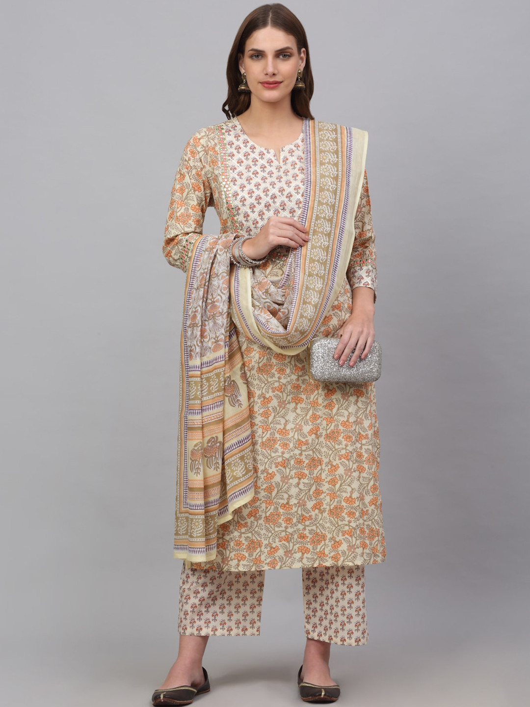 

Assamica Women Floral Printed Mirror Work Pure Cotton Kurta With Trousers & Dupatta, Cream
