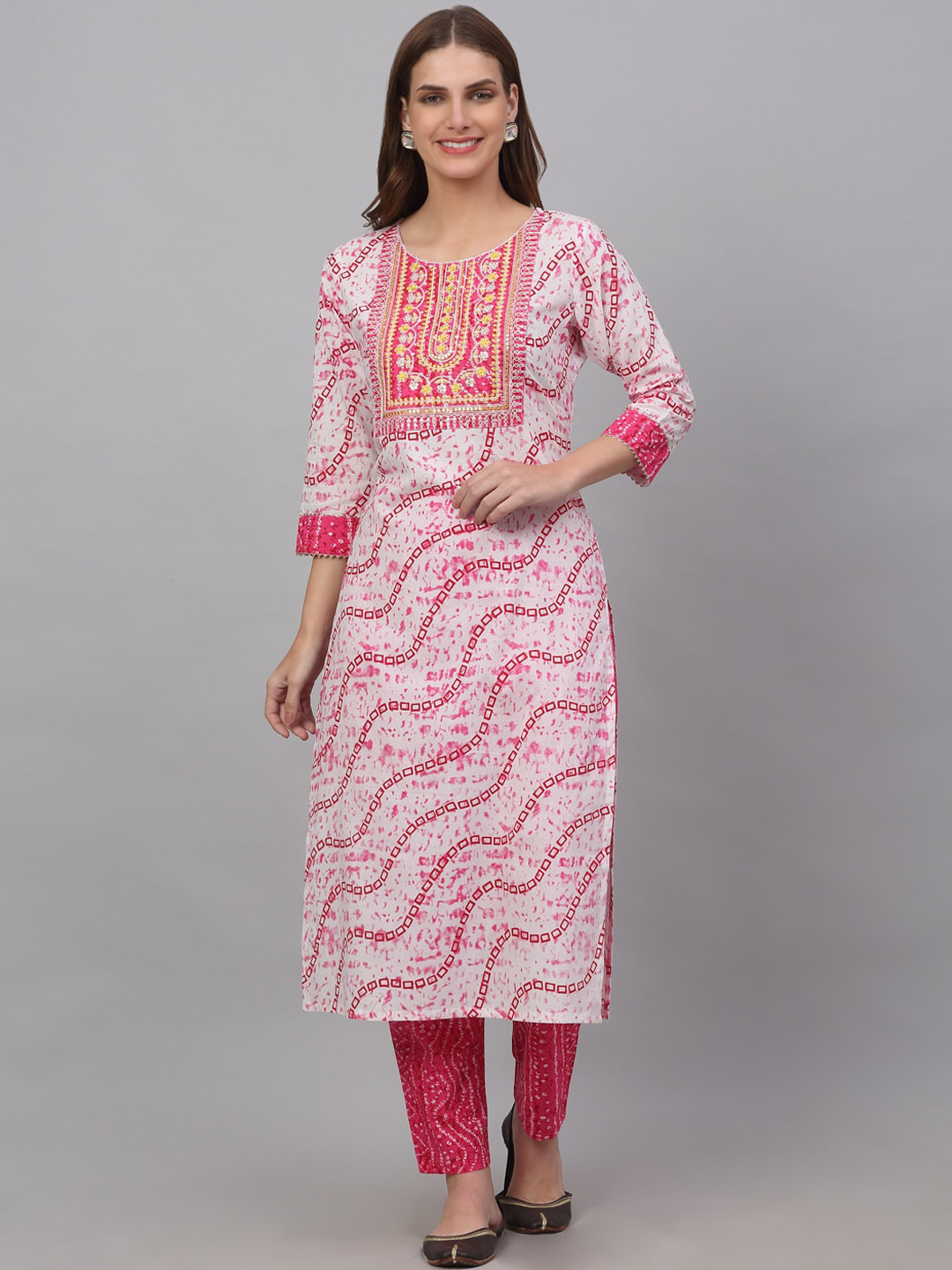 

Assamica Women Bandhani Printed Sequinned Kurta with Trousers & Dupatta, Off white