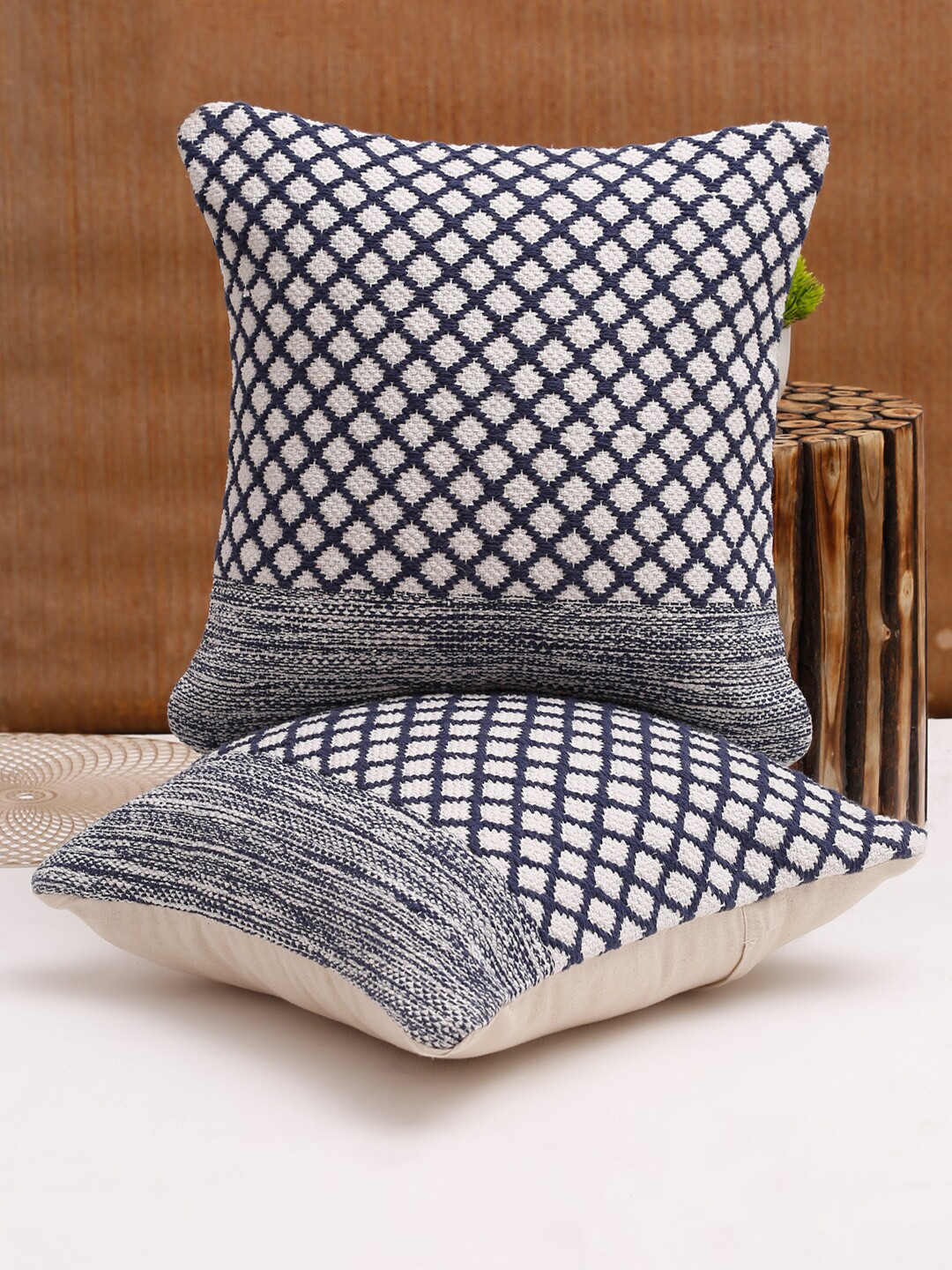

Sangria 2 Pieces Blue Geometric Patterned Cotton Square Shaped Cushion Covers