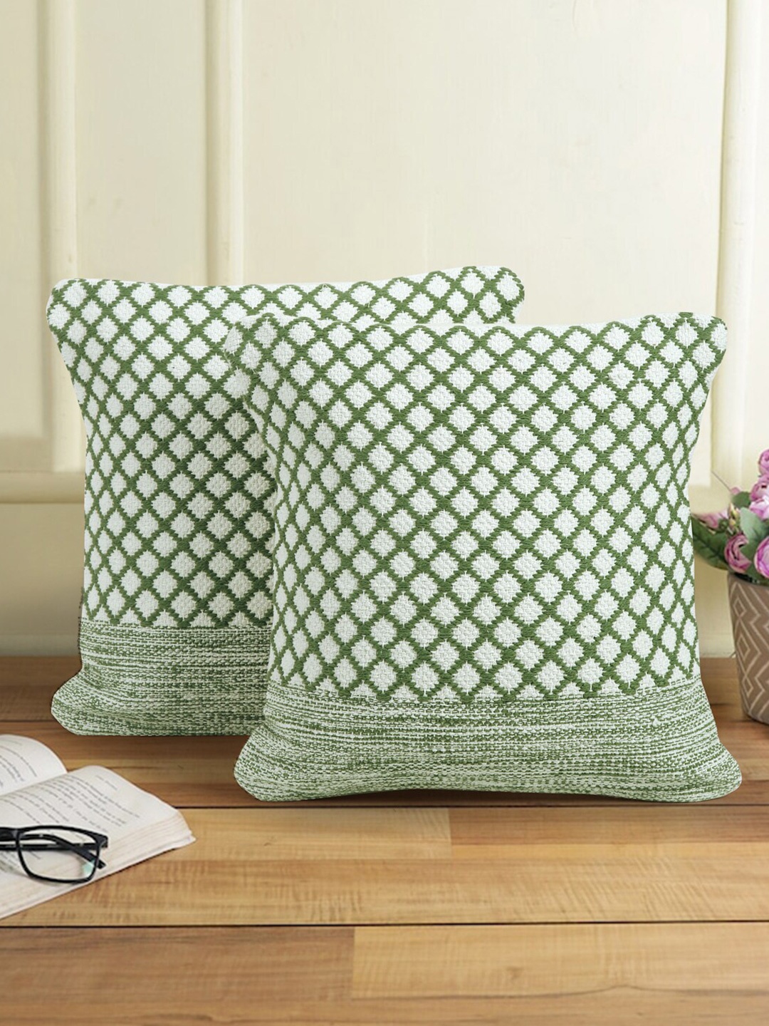 

Sangria 2 Pieces Green Geometric Printed Cotton Square Shaped Cushion Covers