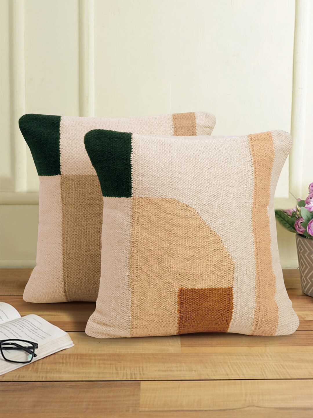

Sangria 2 Pieces Brown & Navy Blue Abstract Patterned Cotton Square Shaped Cushion Covers
