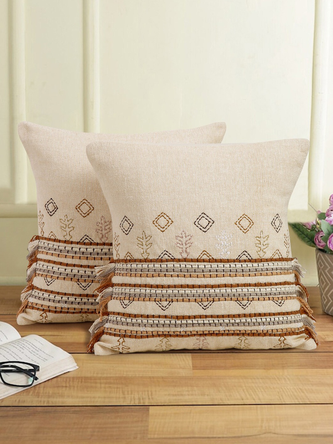 

Sangria 2 Pieces Brown Embroidered Cotton Square Shaped Cushion Covers, Off white