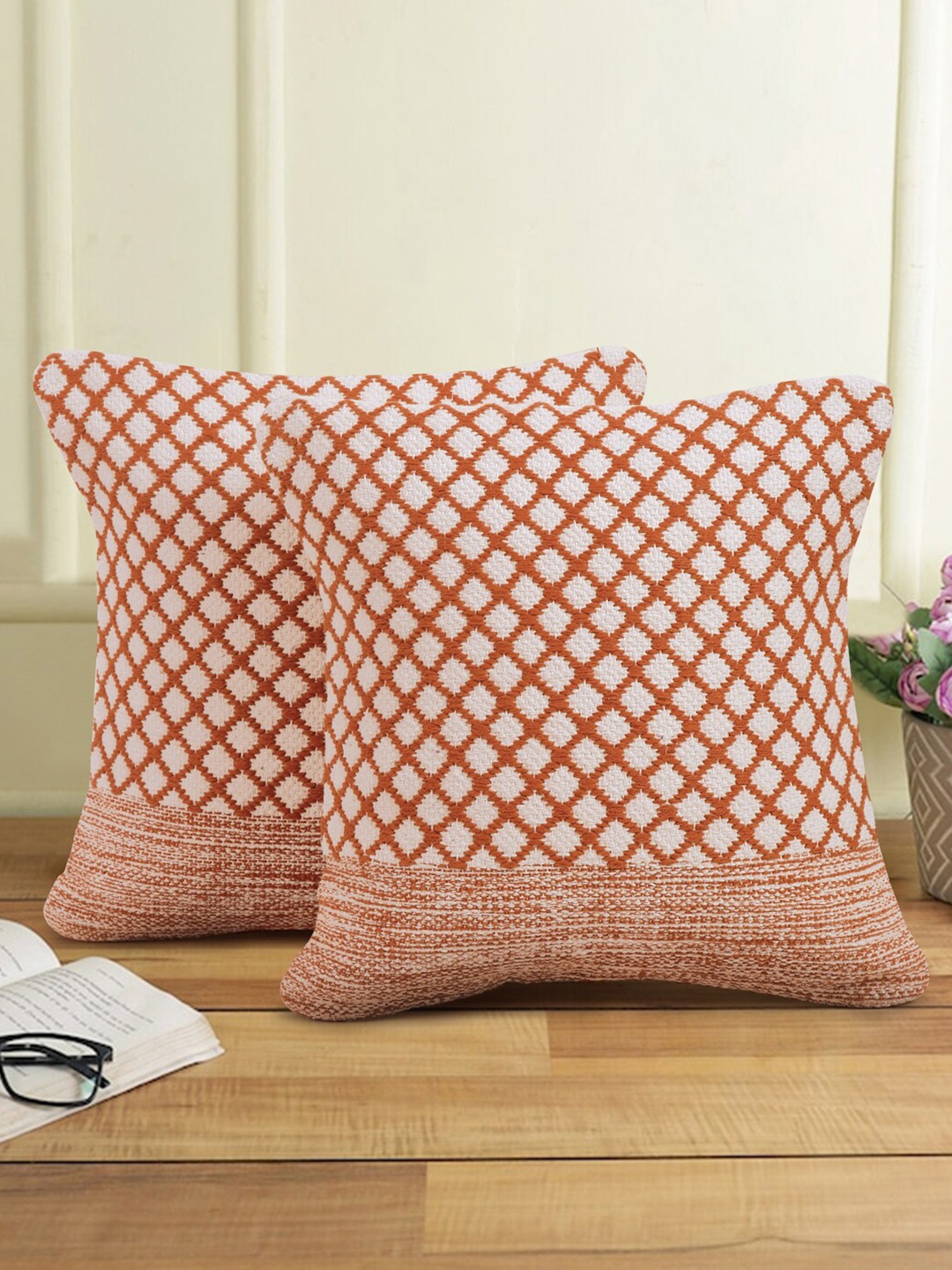 

Sangria 2 Pieces Orange-Colored Geometric Patterned Cotton Square Shaped Cushion Covers