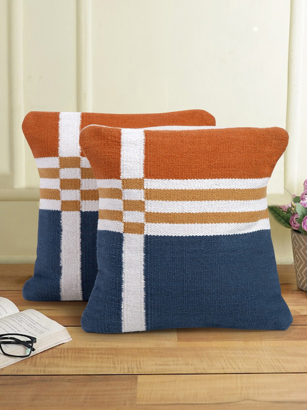 

Sangria 2 Pieces Blue & Orange-Colored Abstract Cotton Square Shaped Cushion Covers