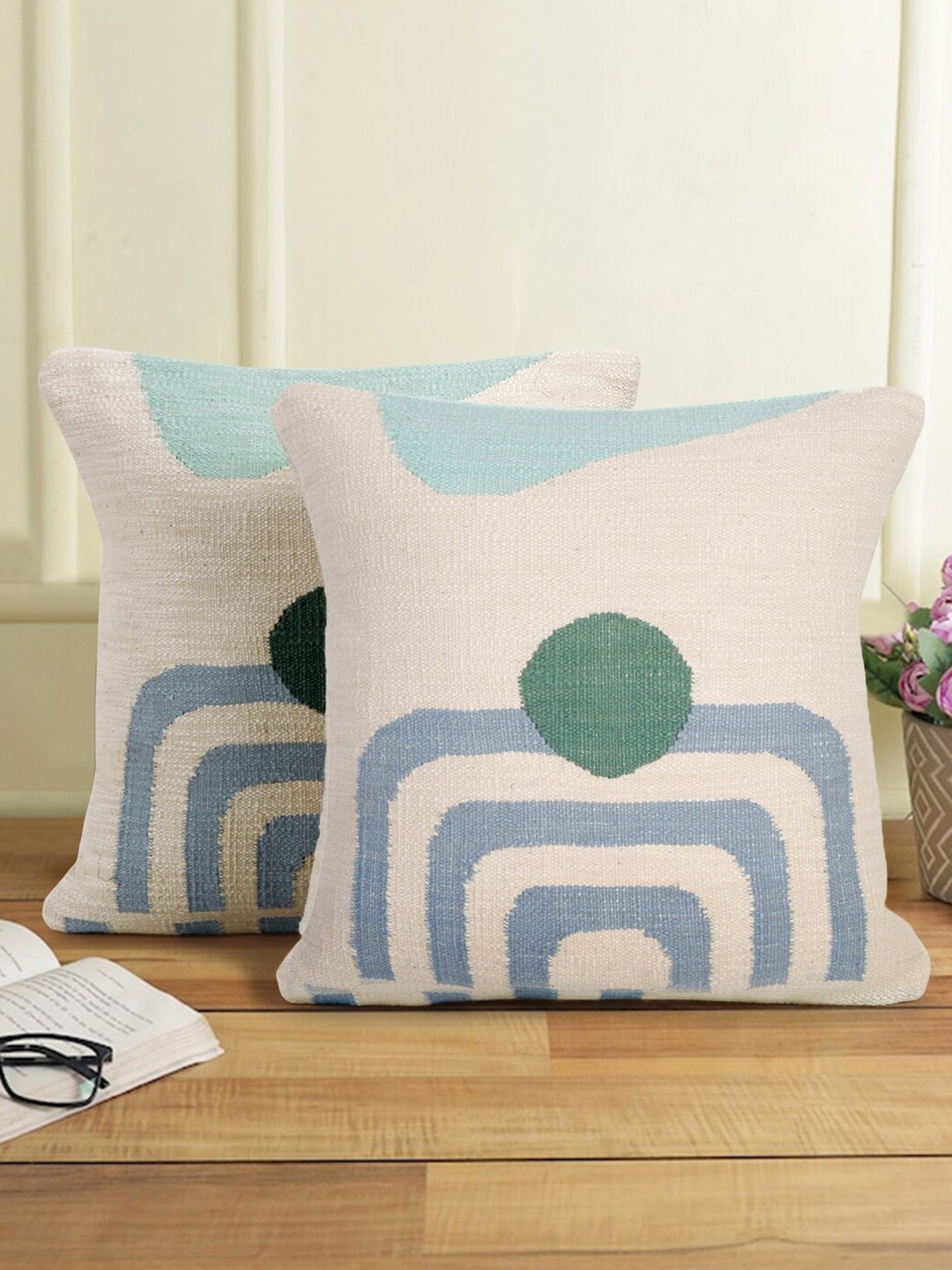 

Sangria 2 Pieces Blue & Green Abstract Patterned Cotton Square Shaped Cushion Covers