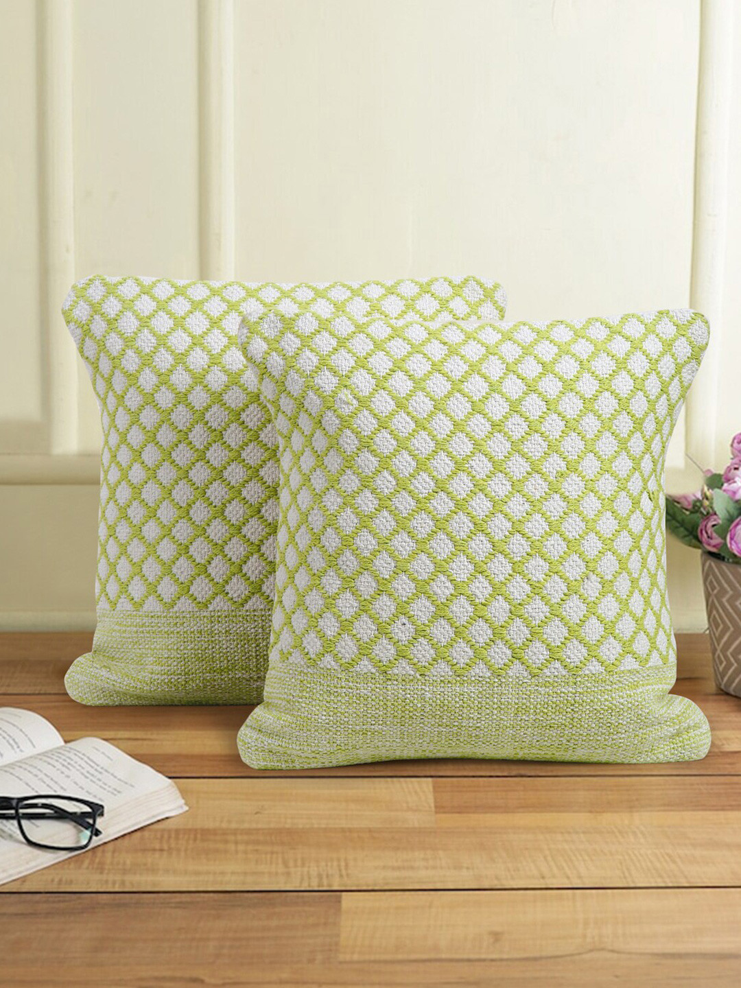

Sangria 2 Pieces Green Geometric Printed Cotton Square Shaped Cushion Covers