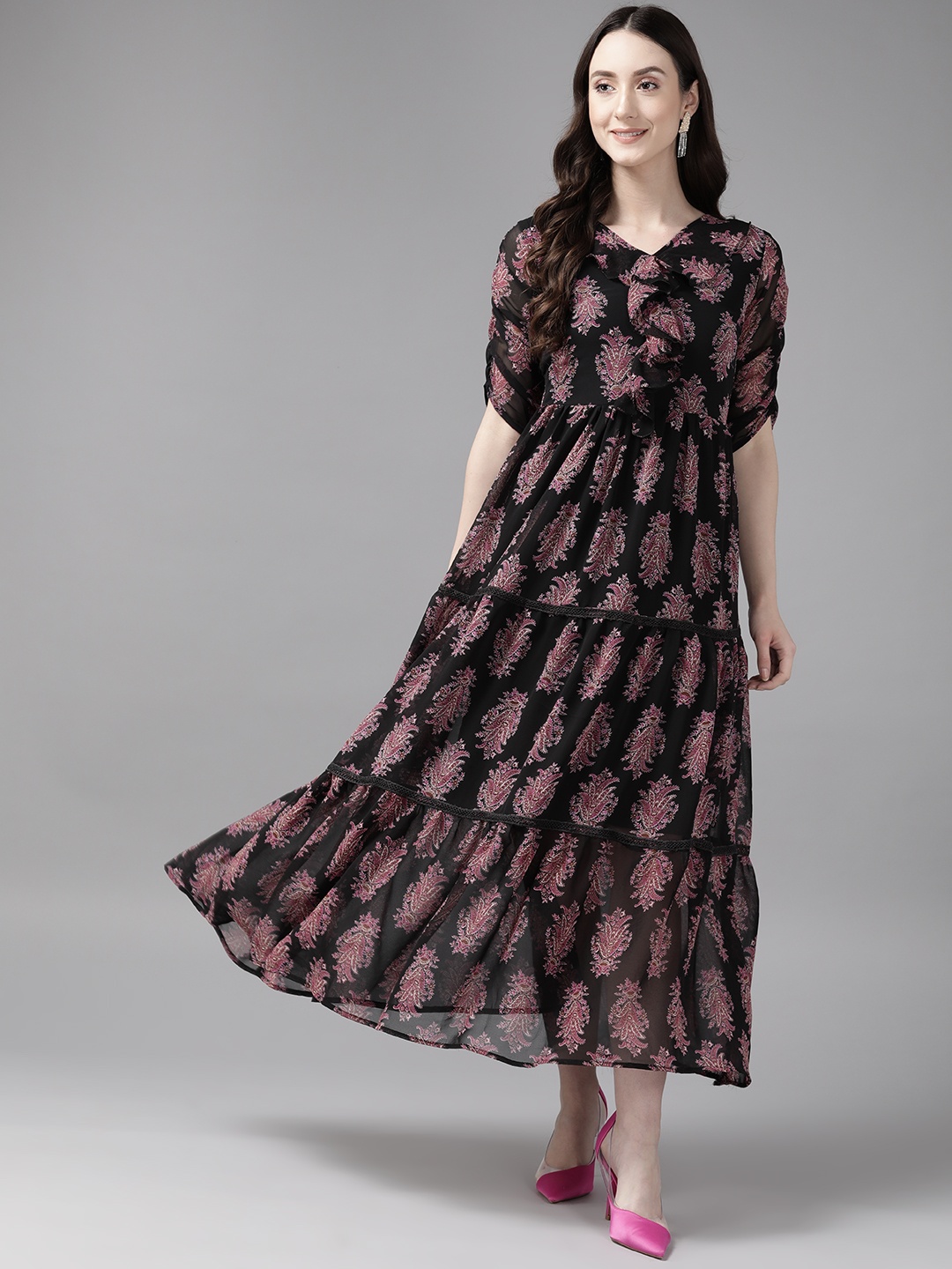 

Aarika Floral Georgette A-Line Maxi Dress With Ruffled Detail, Black