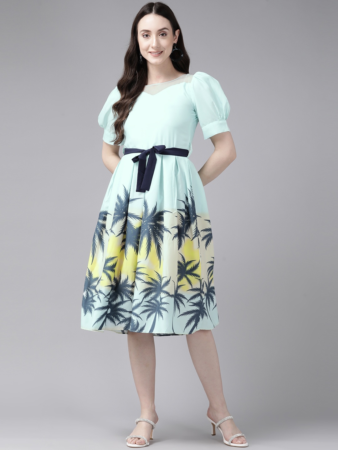 

Aarika Tropical Puff Sleeves Sweetheart Neck Georgette Midi Dress, Sea green