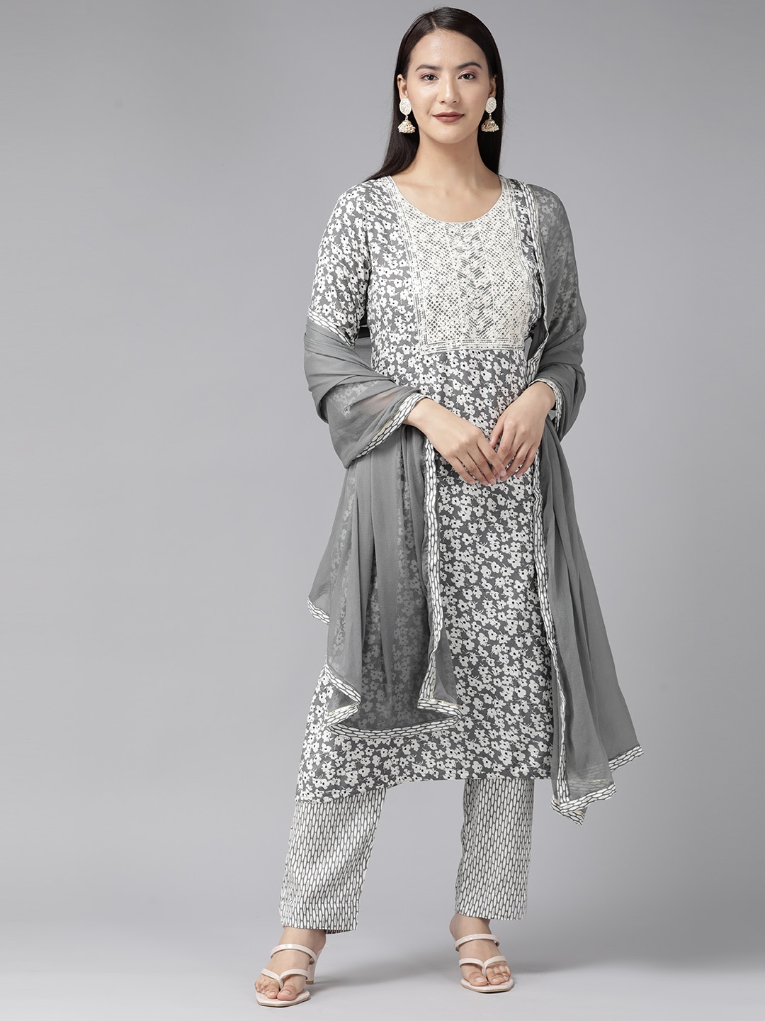 

Aarika Floral Printed Sequinned Pure Cotton Kurta with Palazzos & Dupatta, Grey