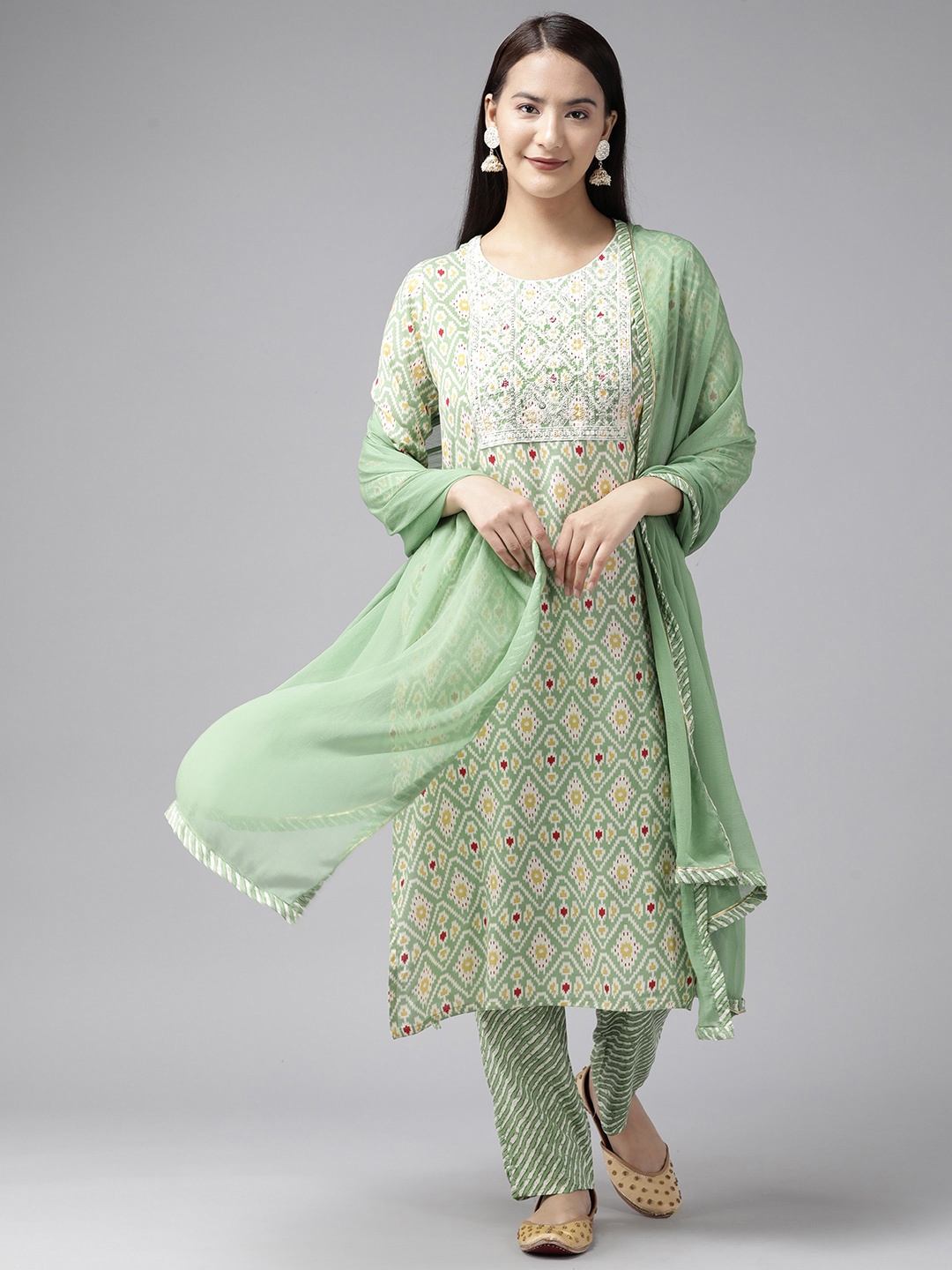 

Aarika Ethnic Motifs Printed Sequinned Pure Cotton Kurta with Palazzos & Dupatta, Green