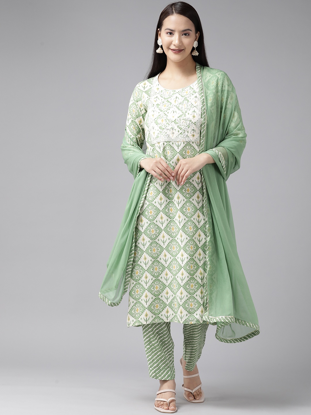 

Aarika Ethnic Motifs Printed Sequinned Pure Cotton Kurta with Palazzos & With Dupatta, Green