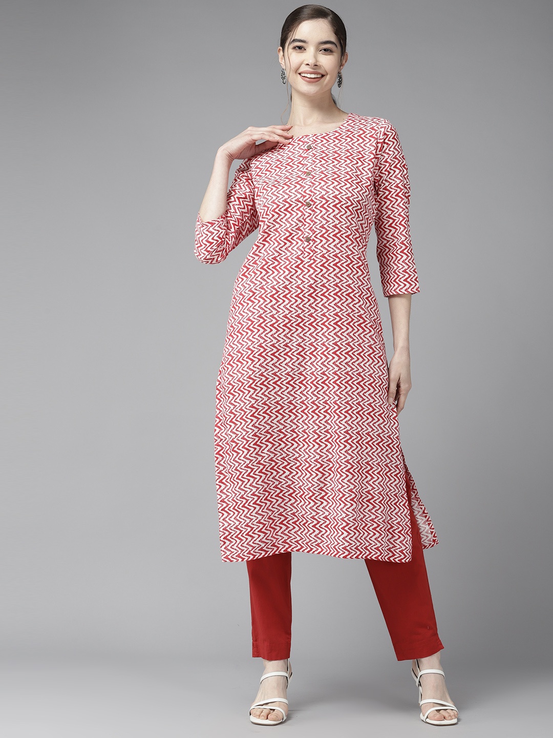 

Aarika Women Red & White Chevron Printed Cotton Kurta