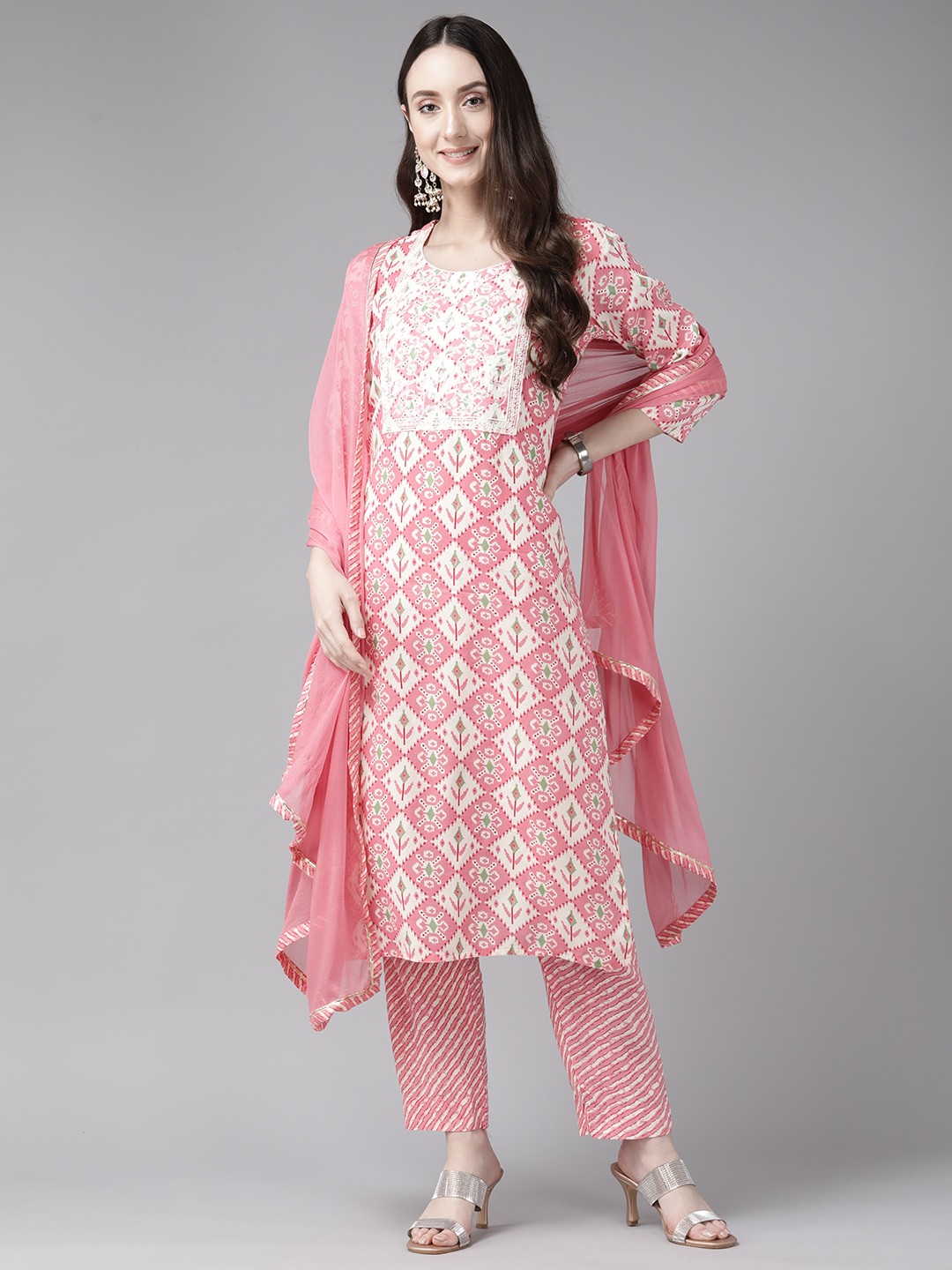 

Aarika Ethnic Motifs Printed Sequinned Pure Cotton Kurta with Palazzos & Dupatta, Pink