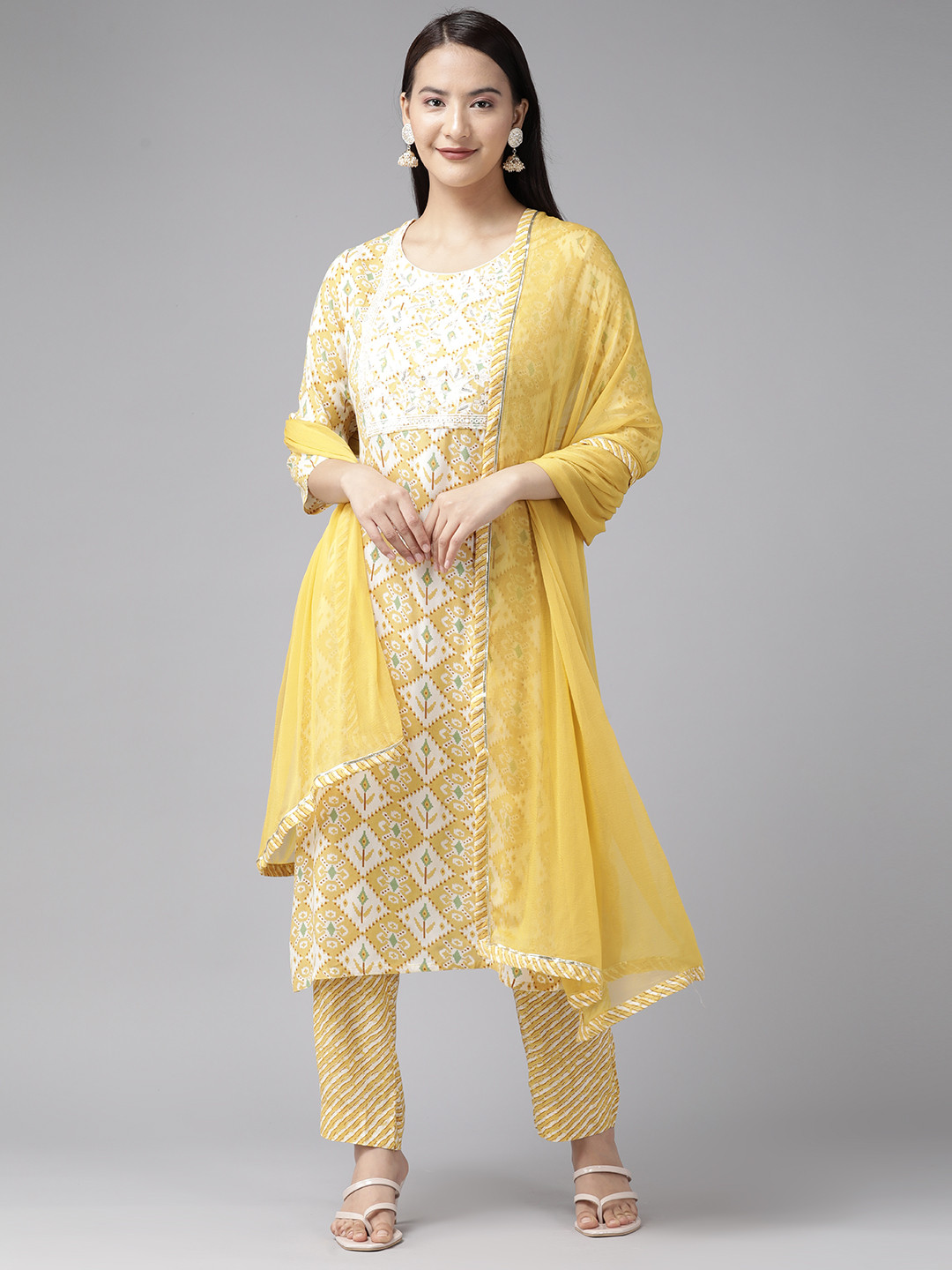

Aarika Women Floral Printed Sequinned Pure Cotton Kurta with Palazzos & Dupatta, Yellow