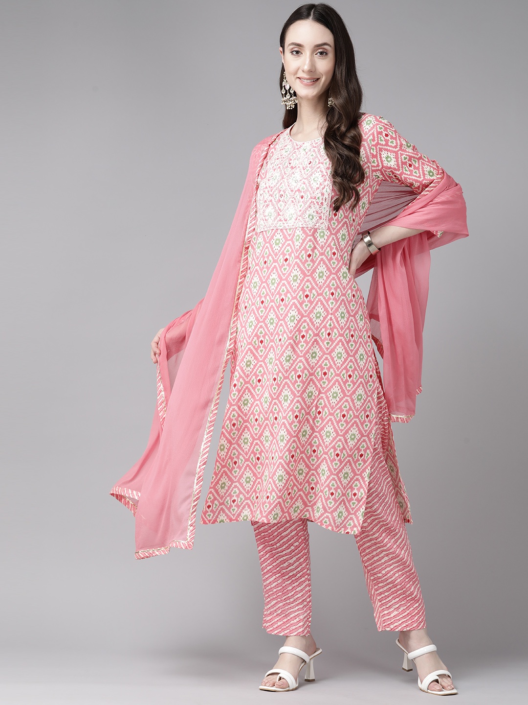 

Aarika Women Printed Sequinned Pure Cotton Kurta with Palazzos & Dupatta, Pink
