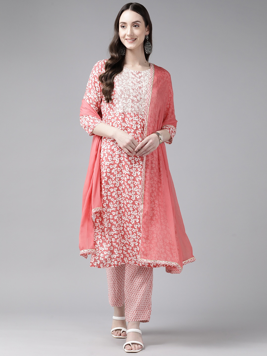 

Aarika Women Floral Printed Sequinned Pure Cotton Kurta With Trousers & Dupatta, Peach