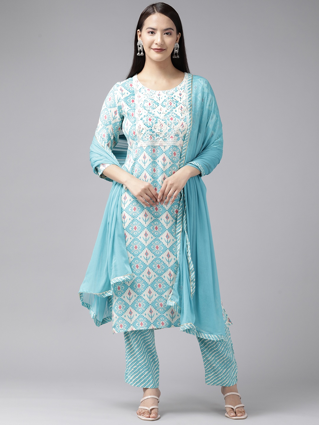 

Aarika Women Printed Sequinned Pure Cotton Kurta With Trousers & Dupatta, Turquoise blue