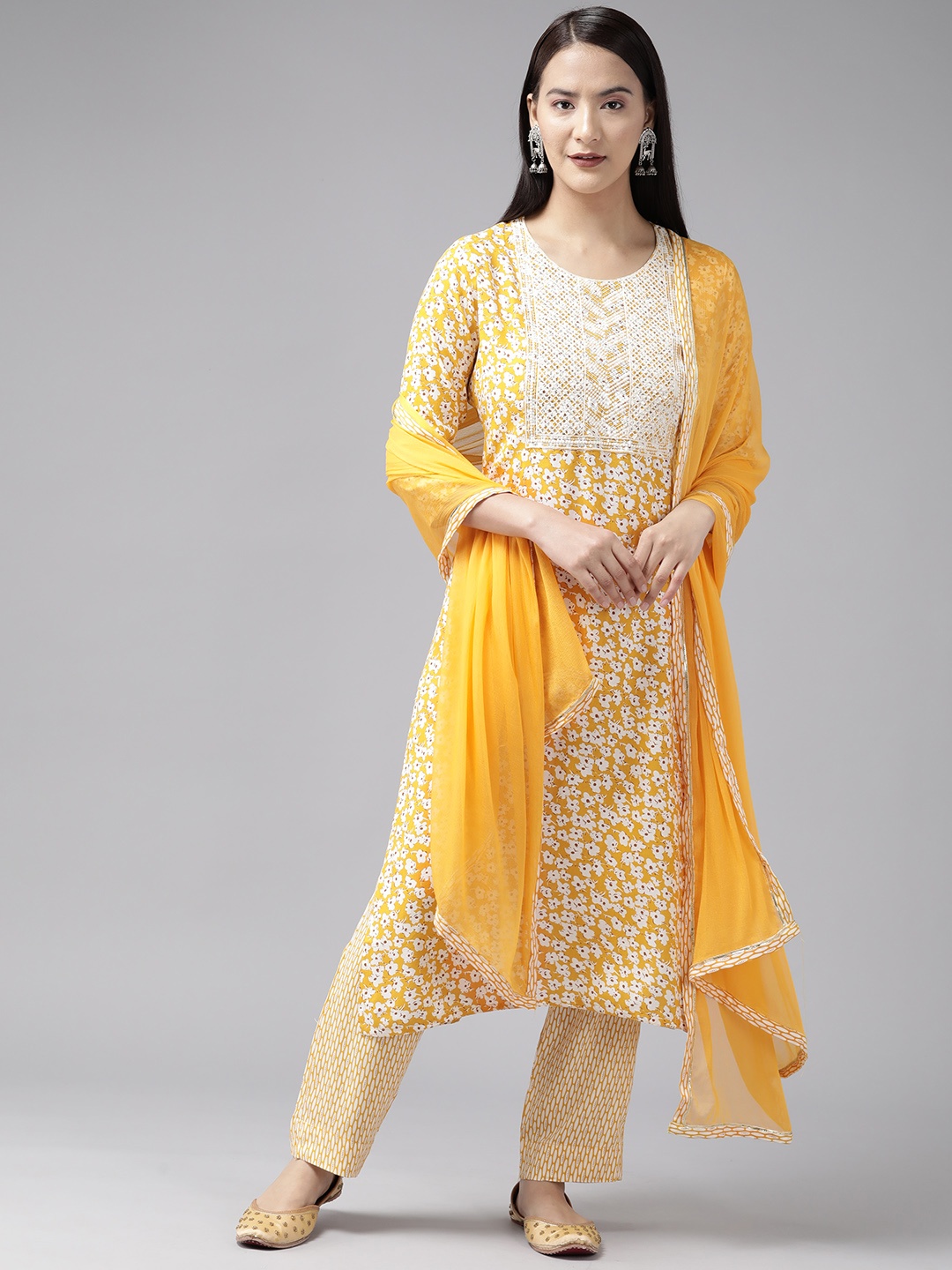 

Aarika Women Floral Printed Sequinned Pure Cotton Kurta With Trousers & Dupatta, Yellow