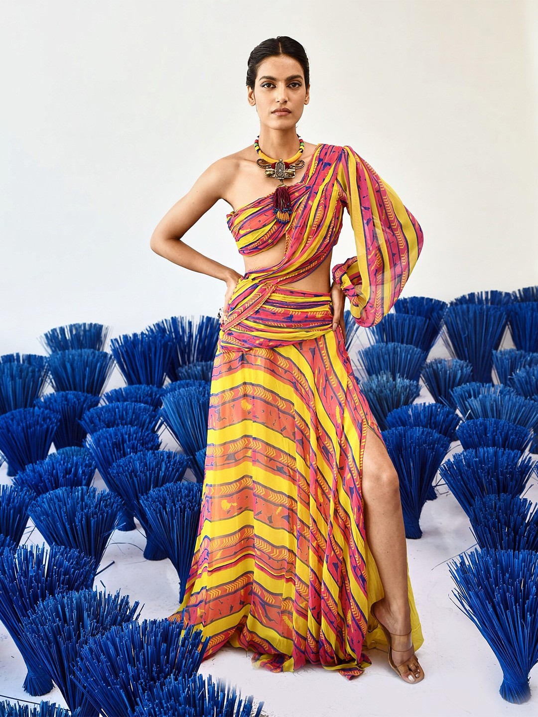 

Baise Gaba Abstract Printed One-Shoulder Puff Sleeve Maxi Dress, Yellow