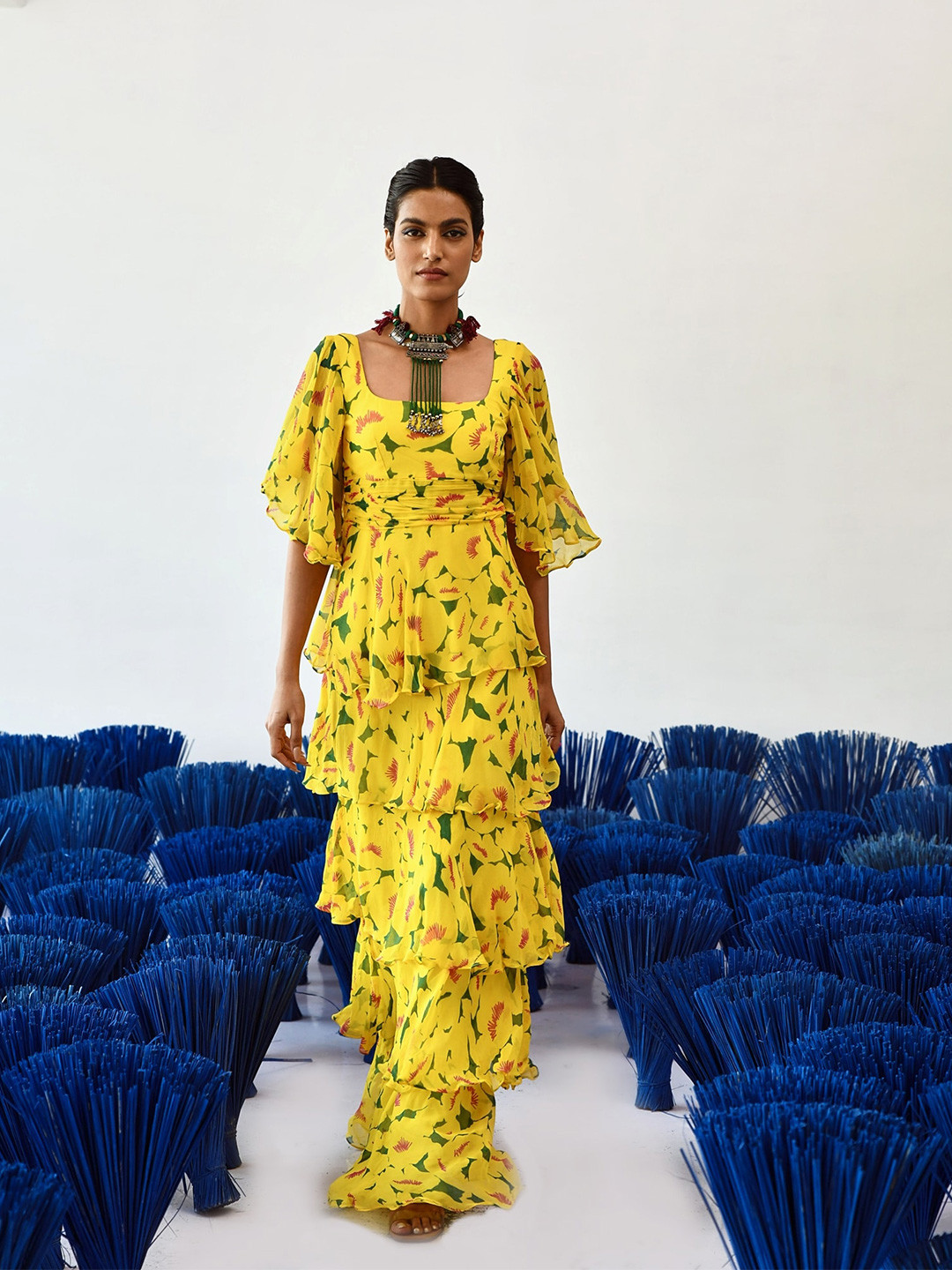 

Baise Gaba Floral Square Neck Flared Sleeves Chiffon Maxi Dress, Yellow