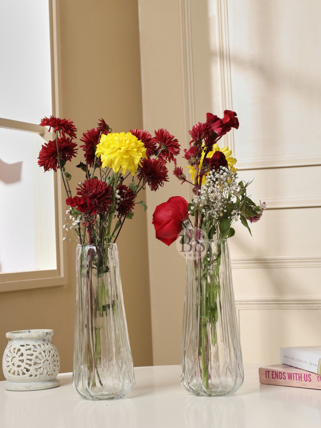 

BS AMOR Transparent 2 Pcs Diamond Facet Vertical Lines Shape Flower Glass Vases