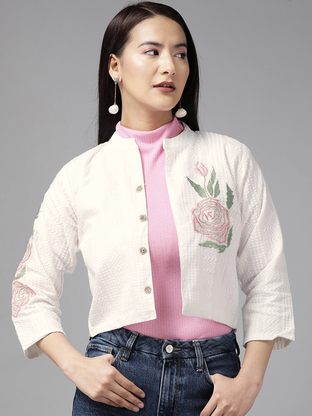 

Aarika Women Embroidered Floral Crop Open Front Jacket, White