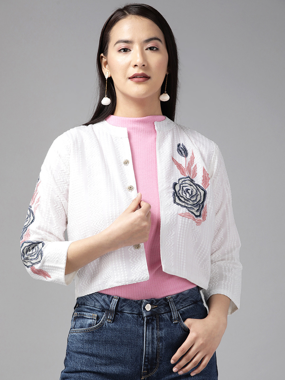 

Aarika Women Embroidered Floral Crop Open Front Jacket, White