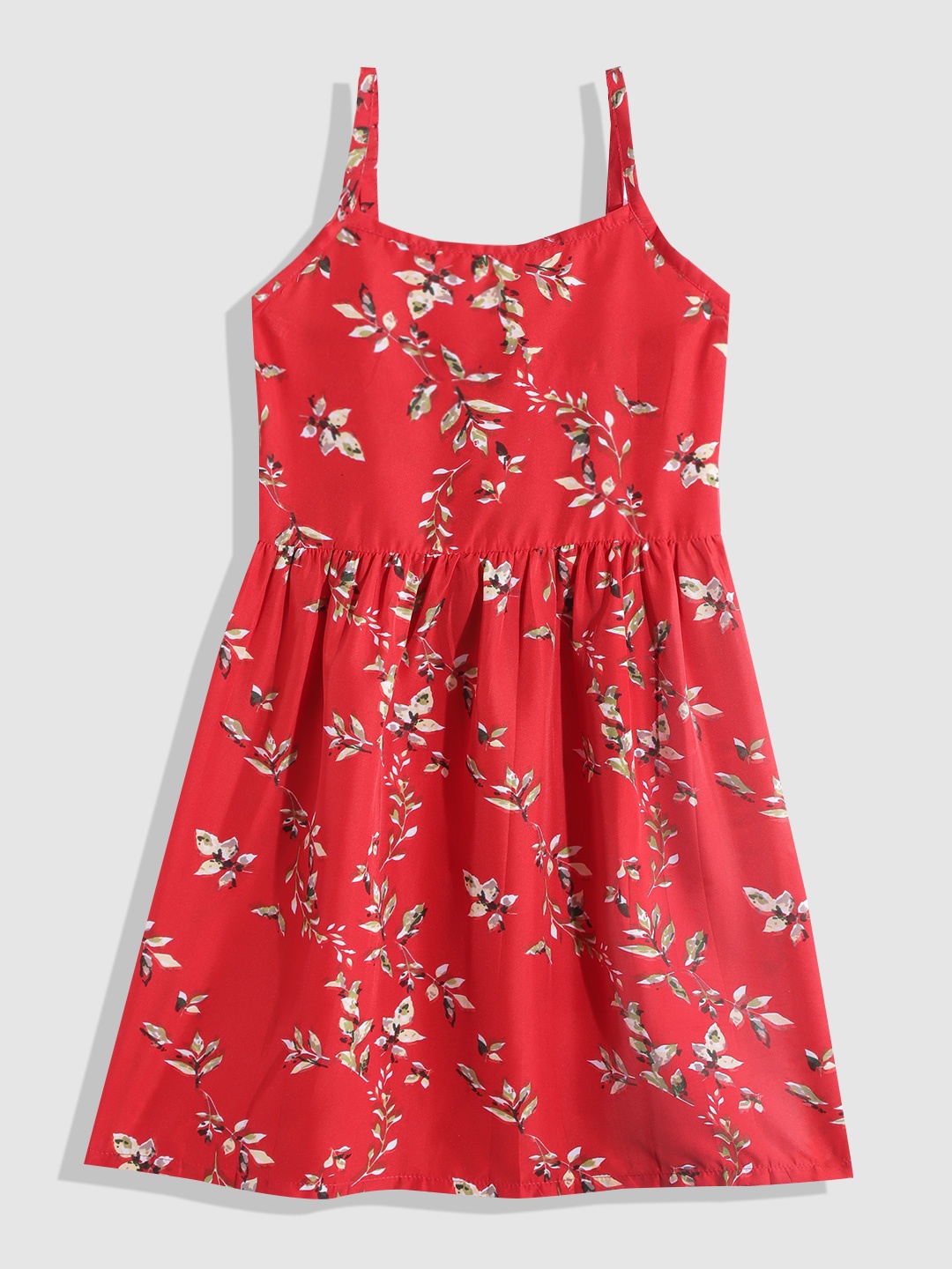 

YK Girls Floral Printed Crepe A-Line Dress, Red