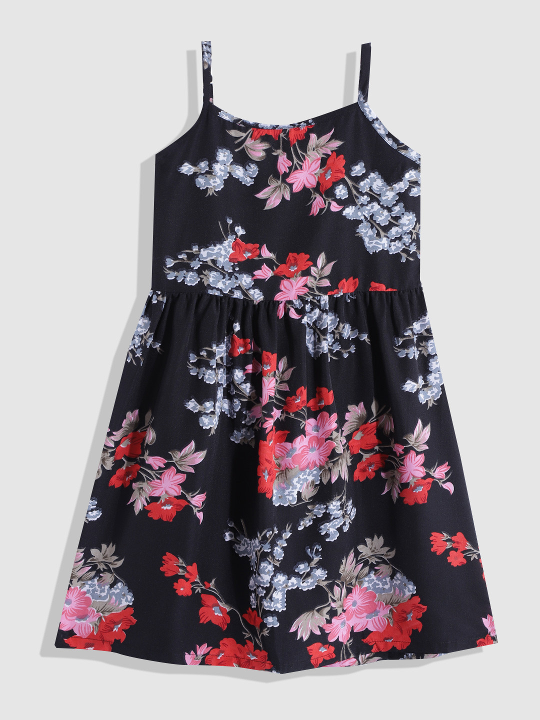

YK Girls Floral Printed Crepe A-Line Dress, Black