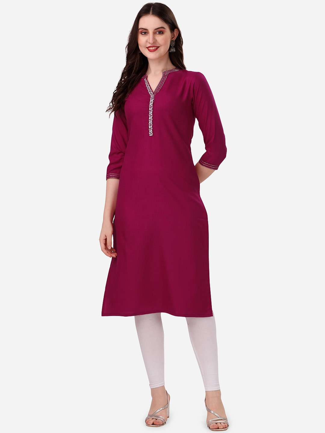 

HERE&NOW Women Embroidered Gotta Patti Art Silk Kurta, Fuchsia